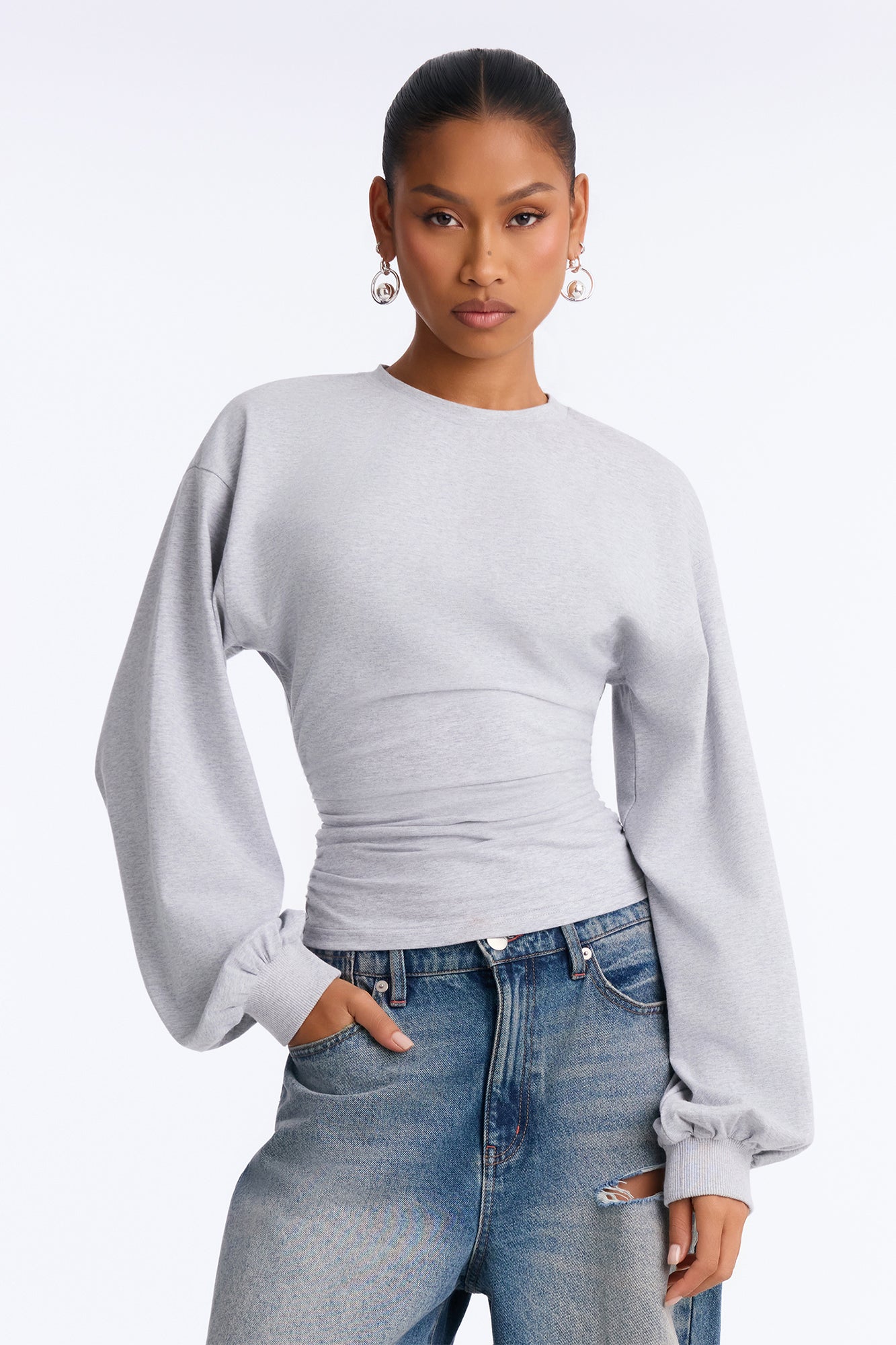Kenny Cinched Waist Long Sleeve T-Shirt - Heather Grey