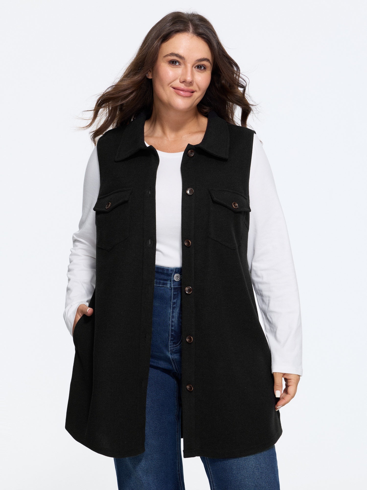 Solid Button‑Front Sleeveless Jacket