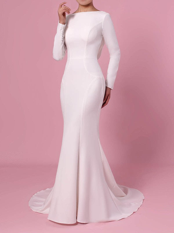 Gorgeous Trumpet Bateau Neck Long Sleeves Satin Chiffon Sweep Train Wedding Dresses