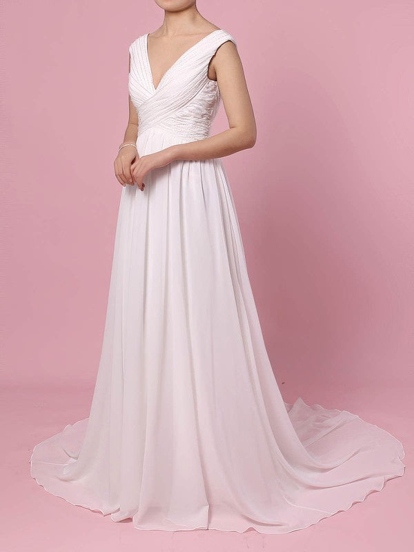 Charming A-Line V-Neck Straps Chiffon Court Train Wedding Dresses with Ruffles