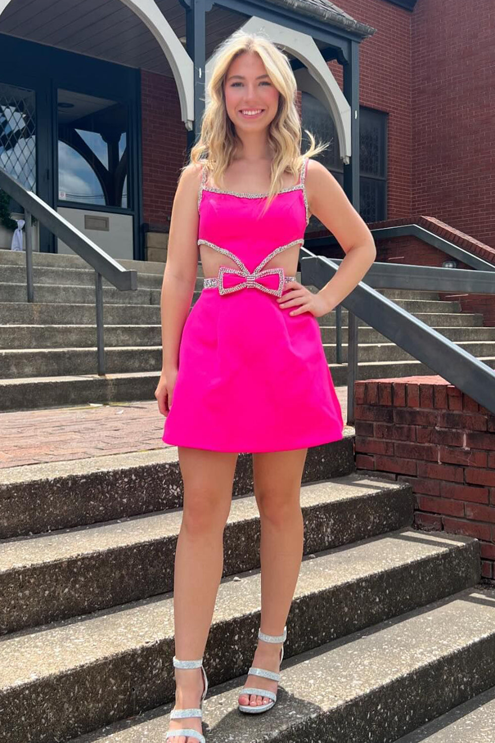 Sparkly Fuchsia A-Line Short Beaded Homecoming Dress/Mini Dress with Bows