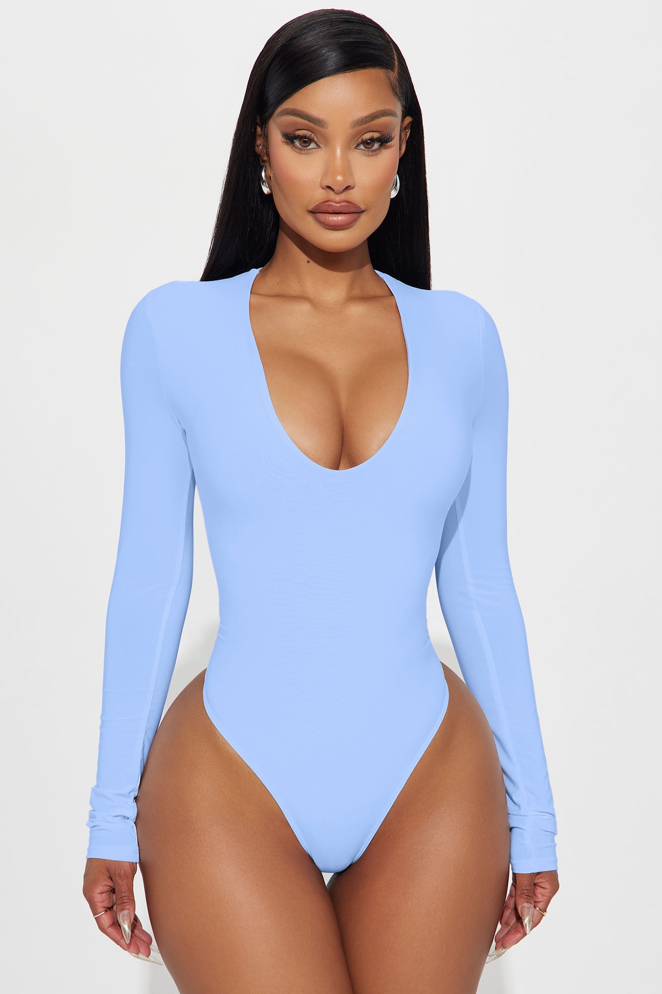 Take The Plunge Lined Long Sleeve Bodysuit - Periwinkle