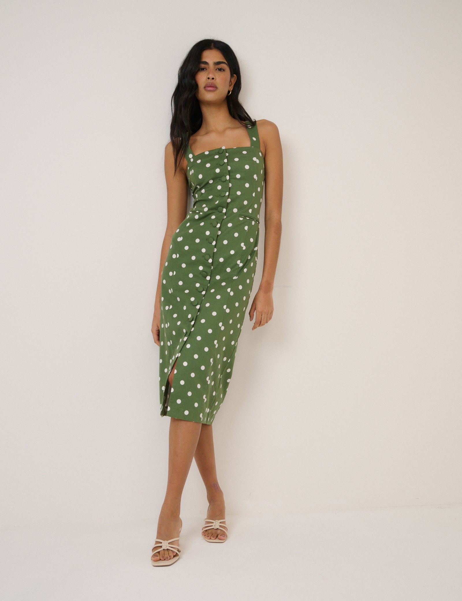 Green Polka Dot Button Front Strappy Dress