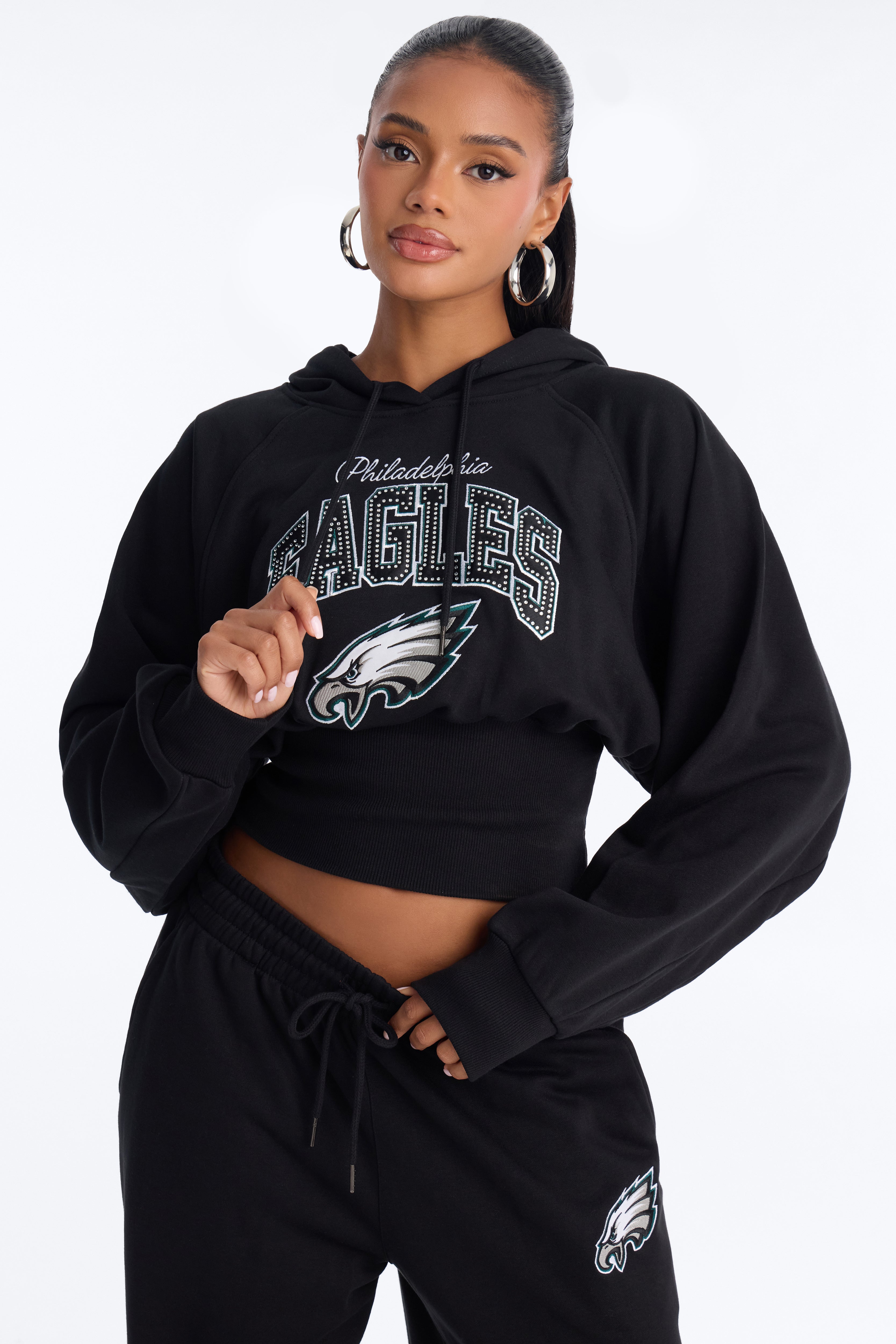 NFL Eagles Cinched Rhinestone Hoodie Sweatshirt - Black