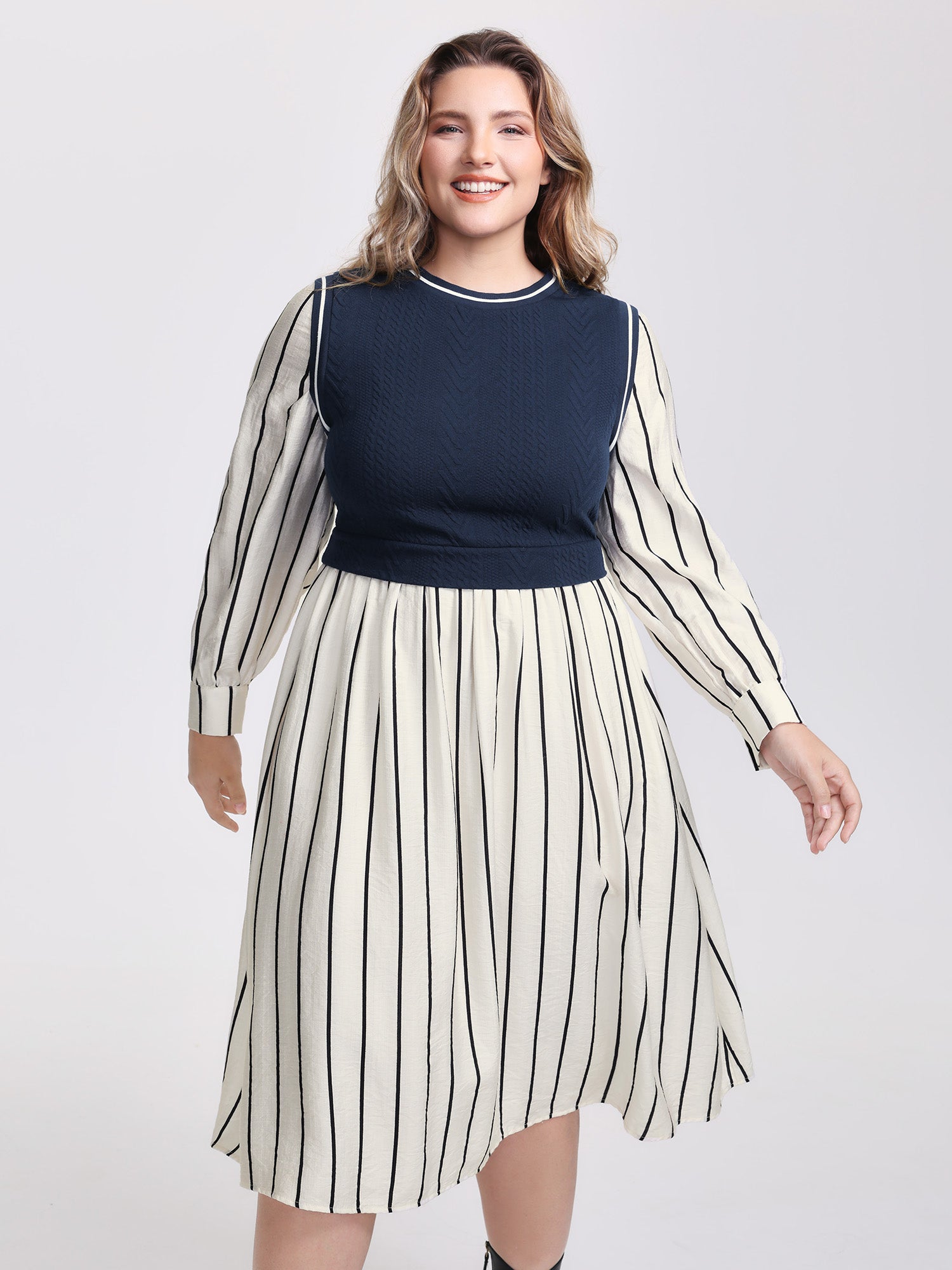 Stripe Pockets Color Contrast Midi Dress
