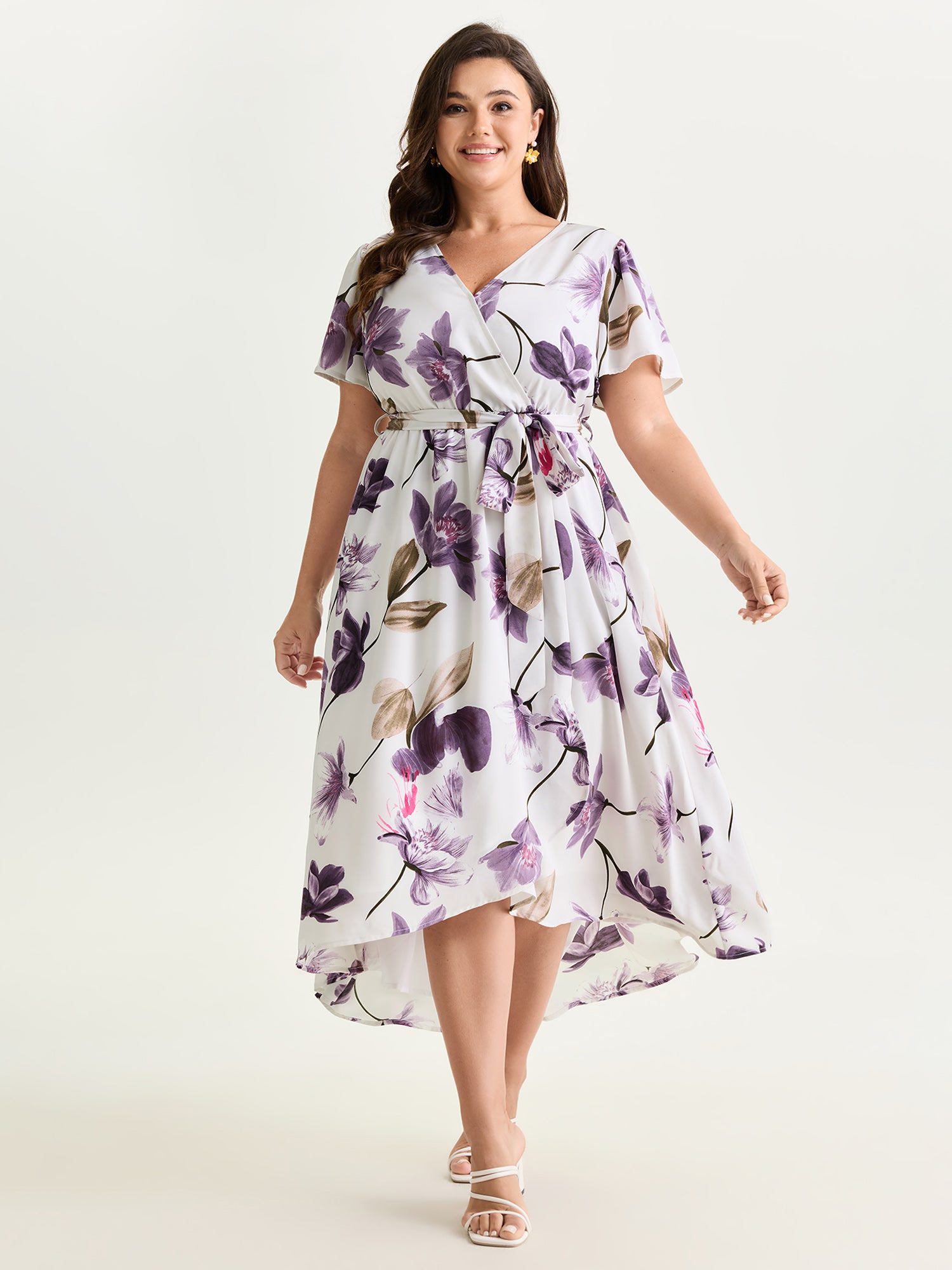 Large Floral Print Waist-Defining Midi Dress