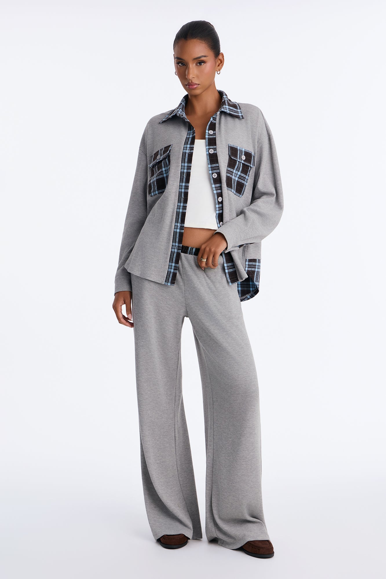 Cool And Collected Plaid Contrast Pant Set - Grey