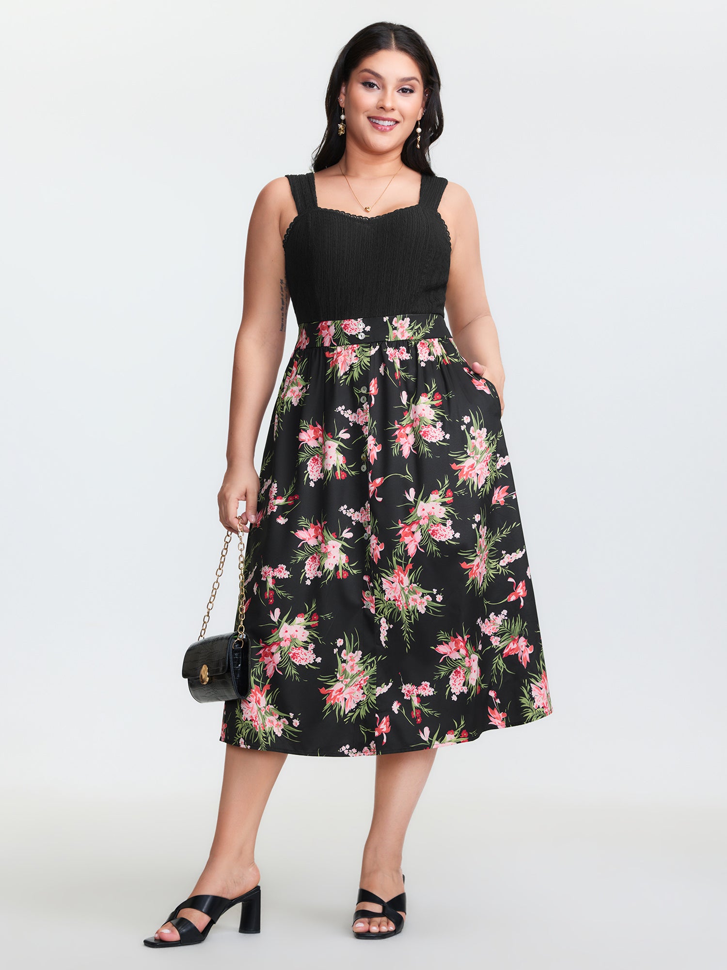 Floral Textured Lace Trim Slit Midi Dress