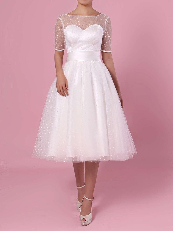 Fabulous Tea-length Short Sleeves Tulle Wedding Dresses with Ribbon