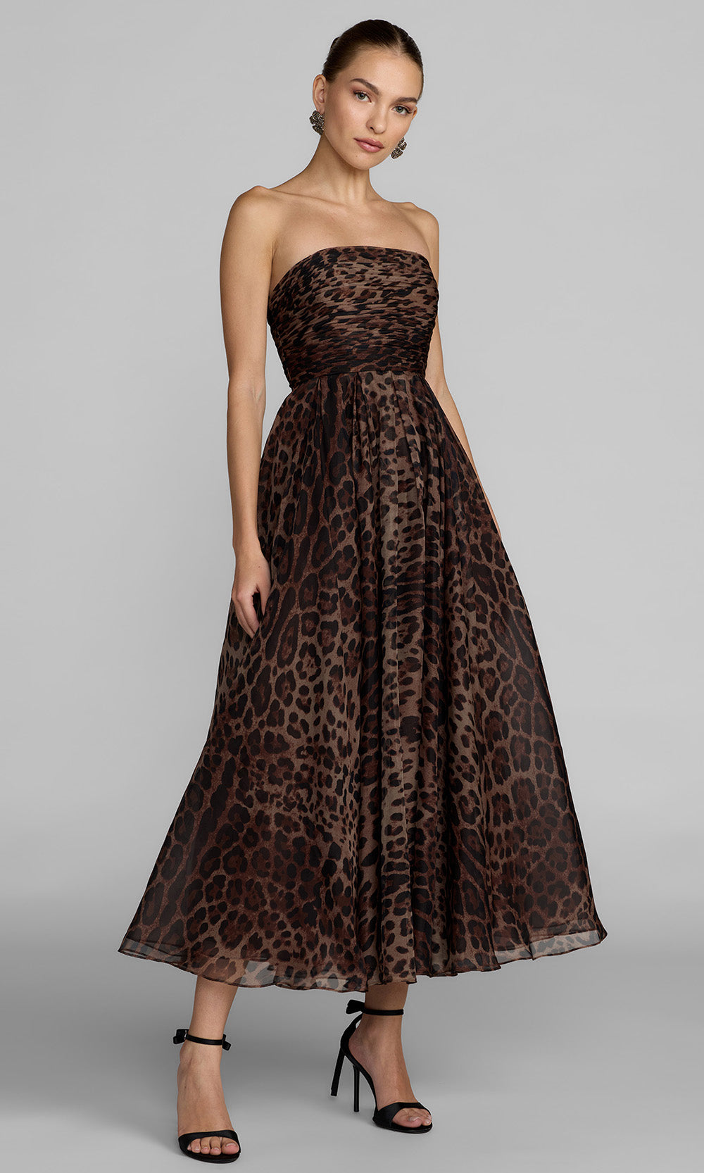 Ieena Duggal 56350 - Leopard Print Straight Neckline Midi Dress