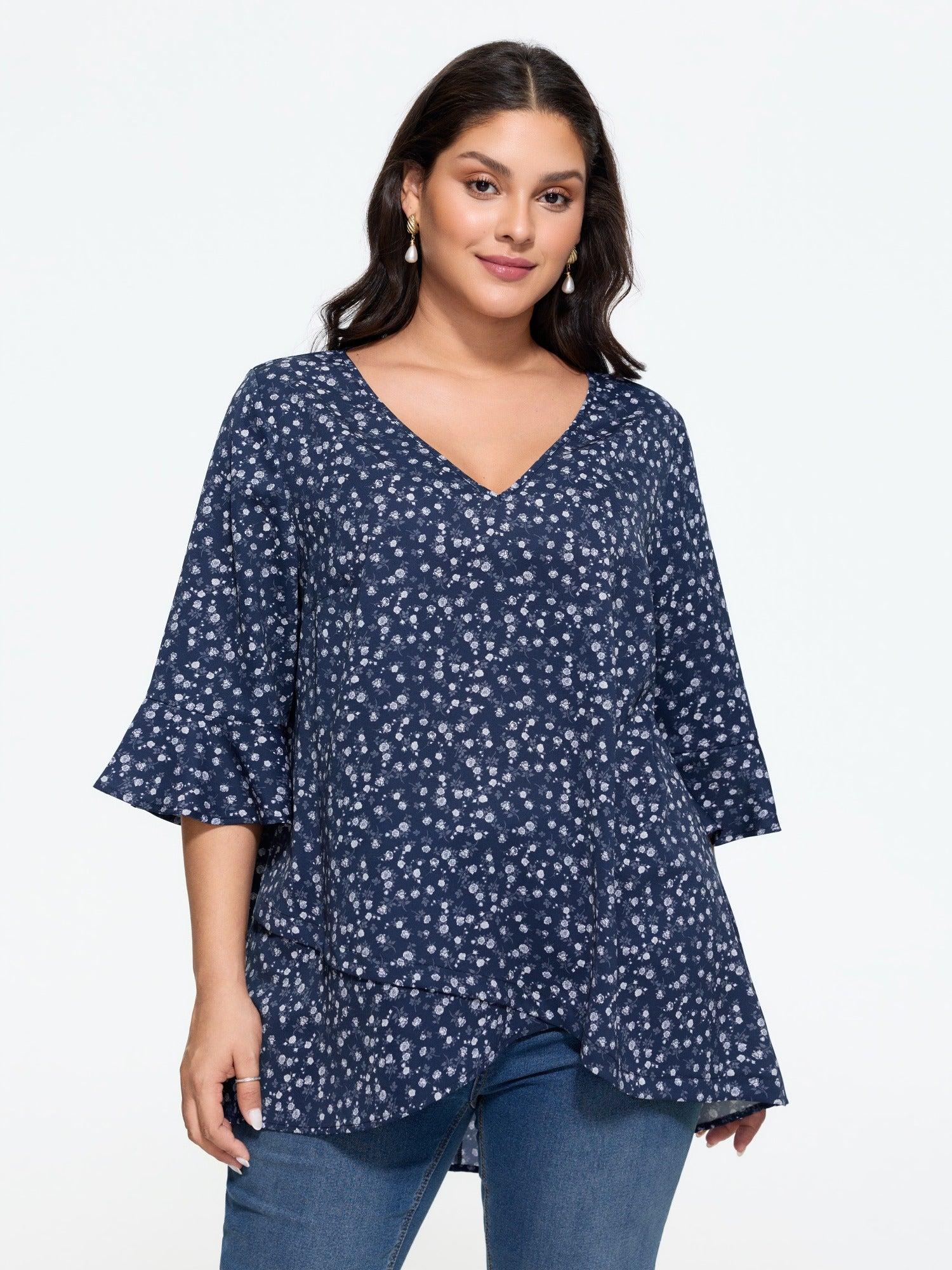 Ditsy Floral Print Asymmetrical Layered Hem Tunic Blouse