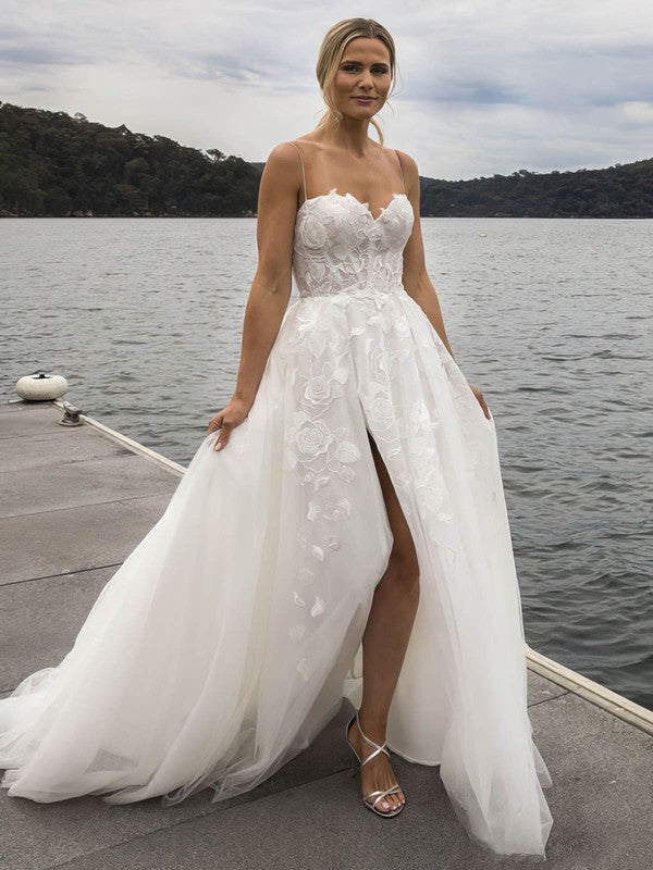 Beautiful A-Line Sweetheart Tulle Lace Sweep Train Wedding Dresses with Split