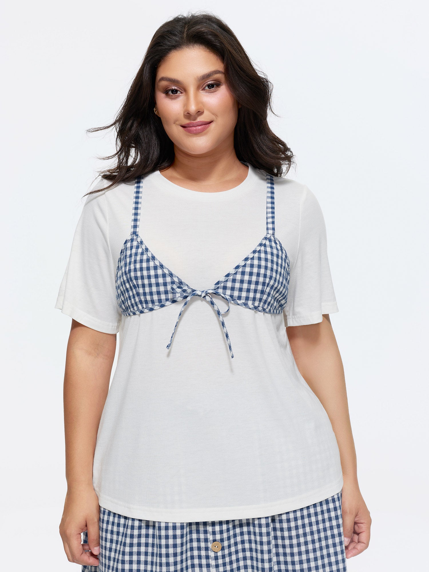 Supersoft Bikini Layered Checkered Stretchy T-Shirt