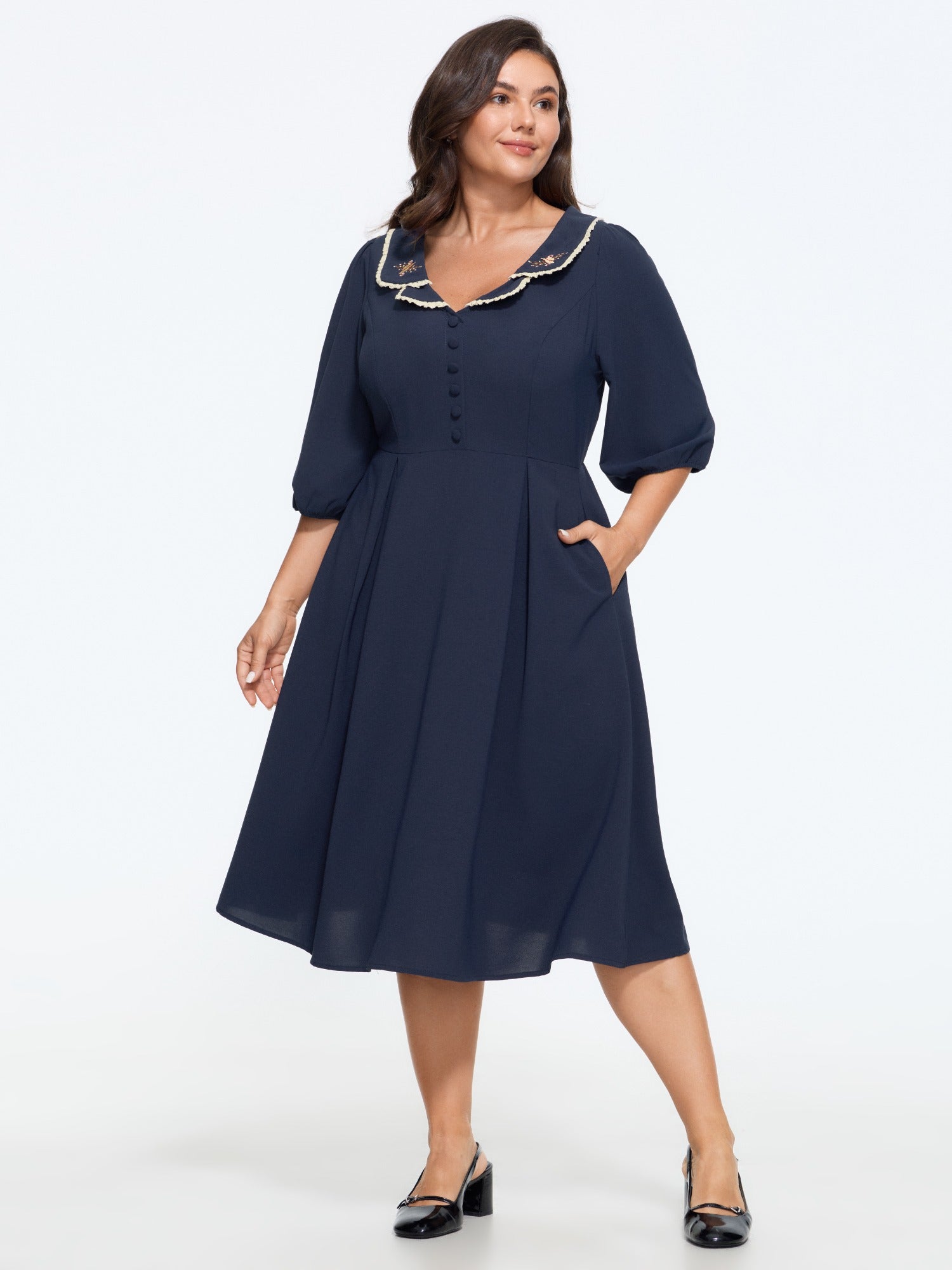 Peter Pan Collar Floral Embroidered Lace Trim Midi Dress