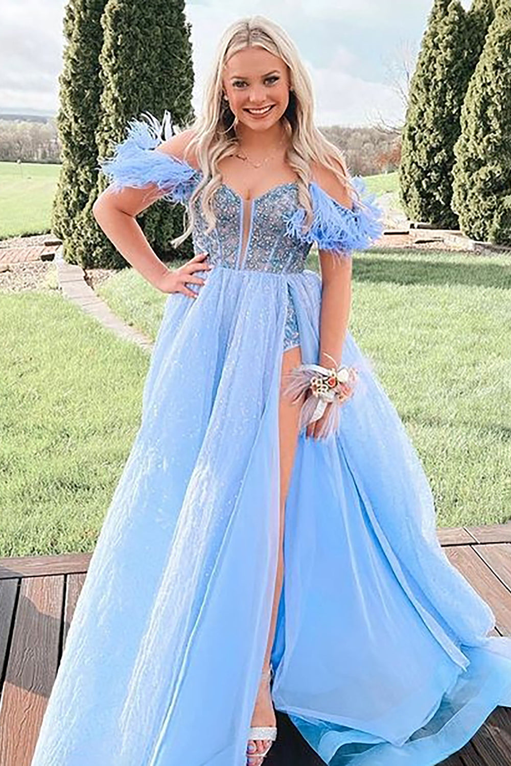 Blue Long Prom Dress with Feather in Off-the-Shoulder A-Line Style