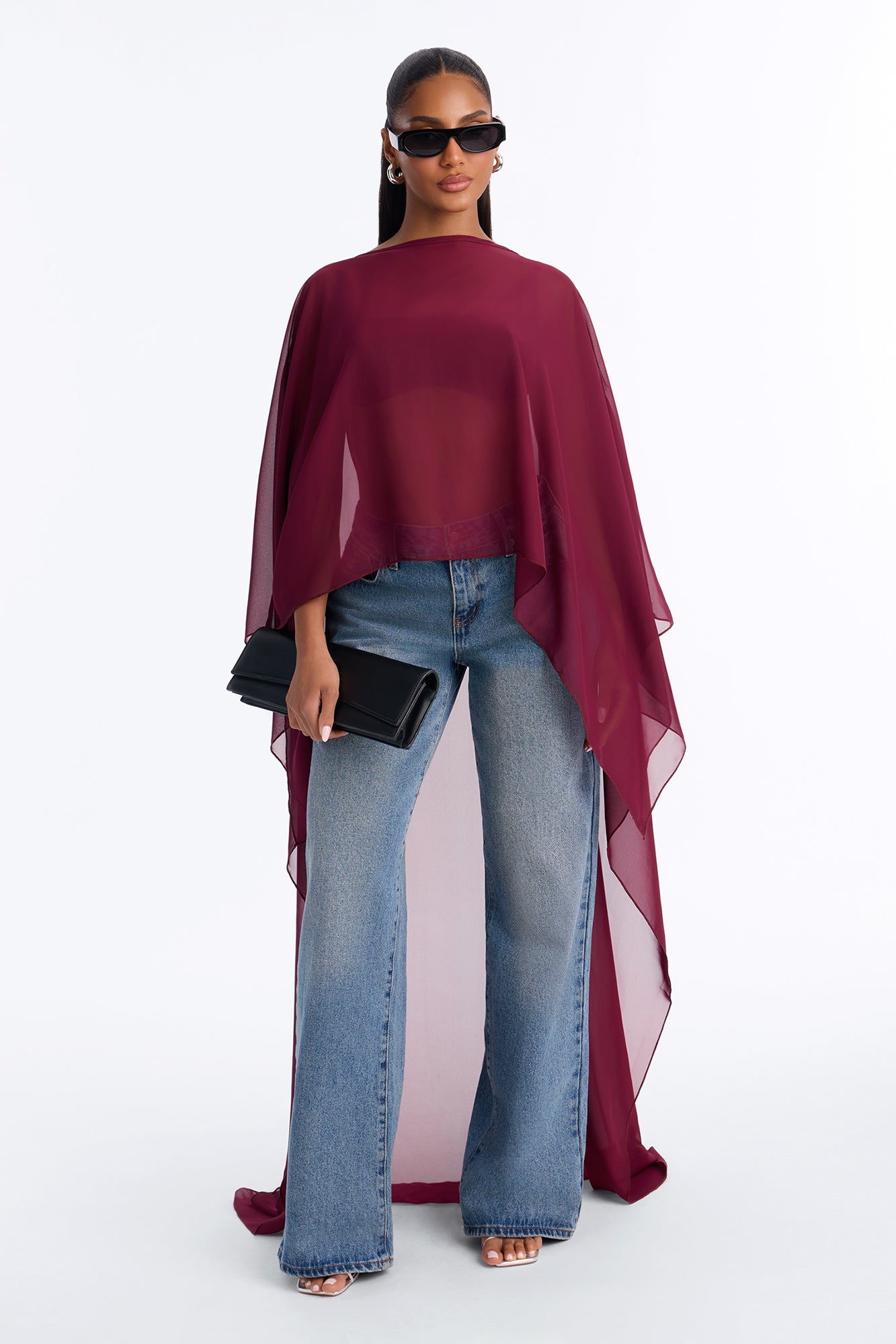 Sweet Talk Draped Chiffon Cape Blouse - Burgundy