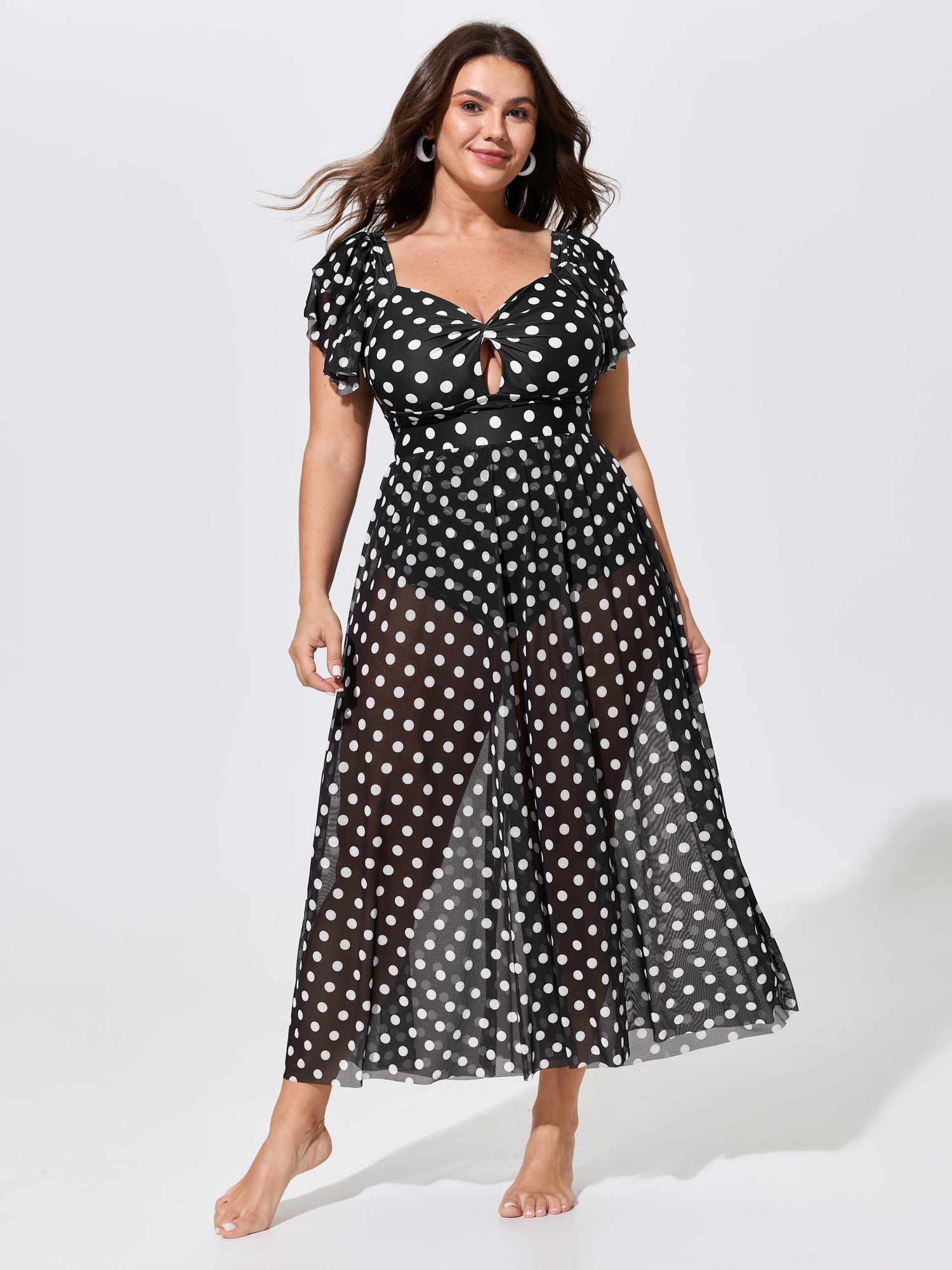 Sarong Set Polka Dot Print One-Piece Swimsuit