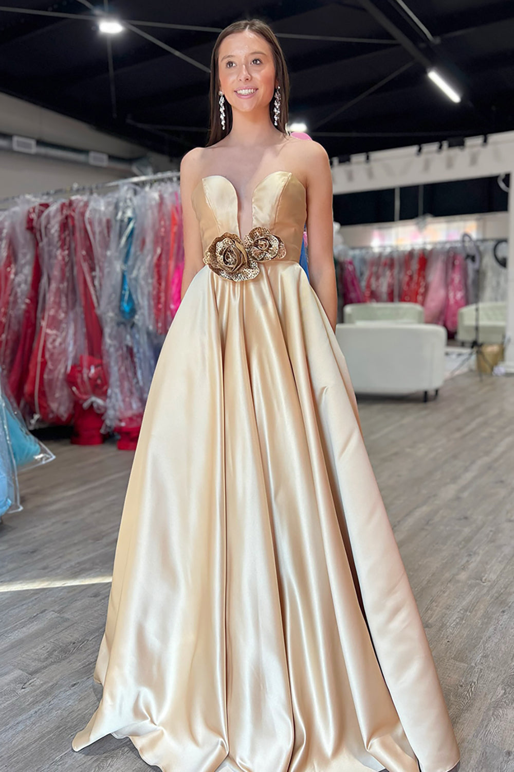 Long A-Line Satin Prom Dress in Sweetheart Gold