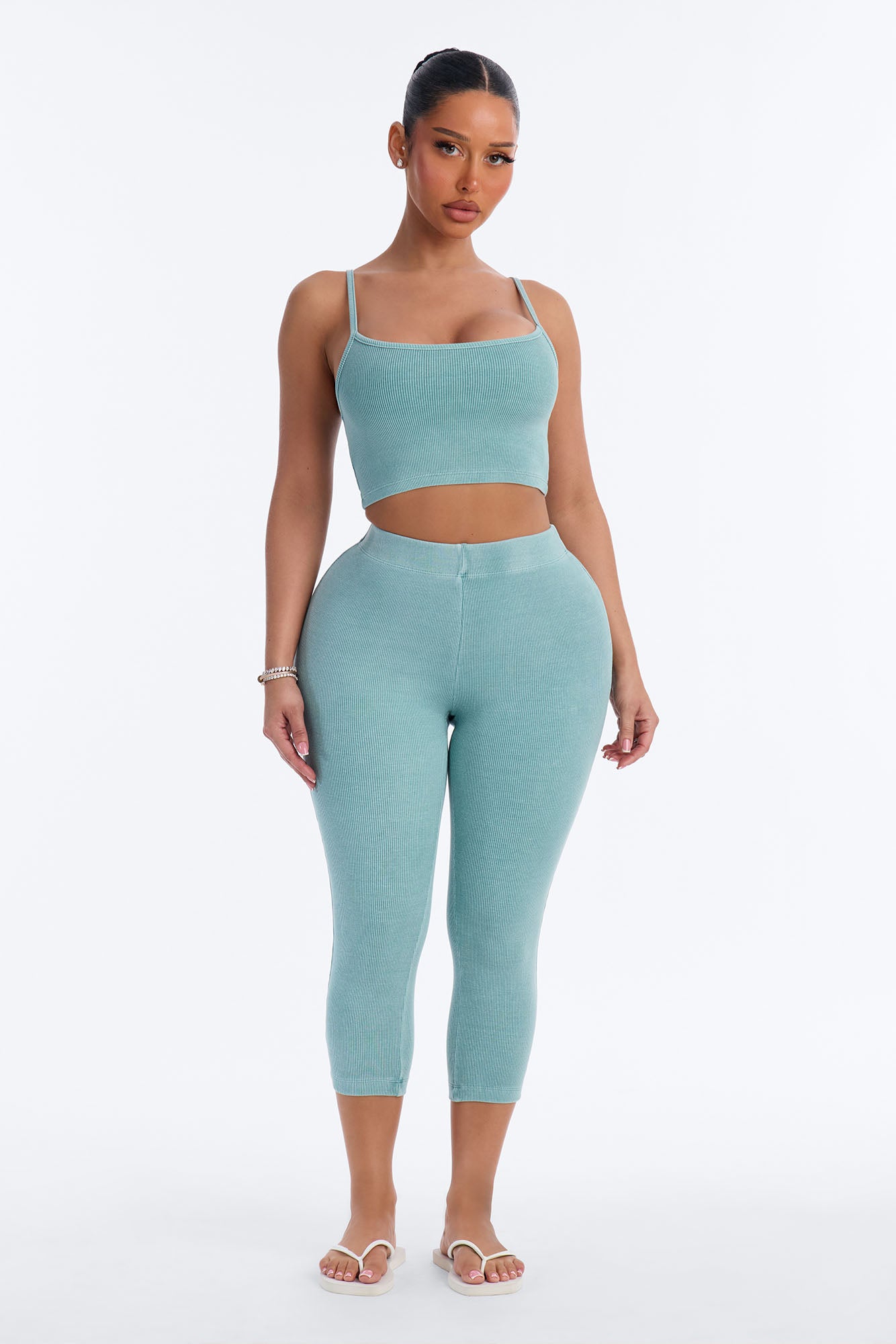 Tony Washed Ribbed Crop Top Capri Set - Washed Sage