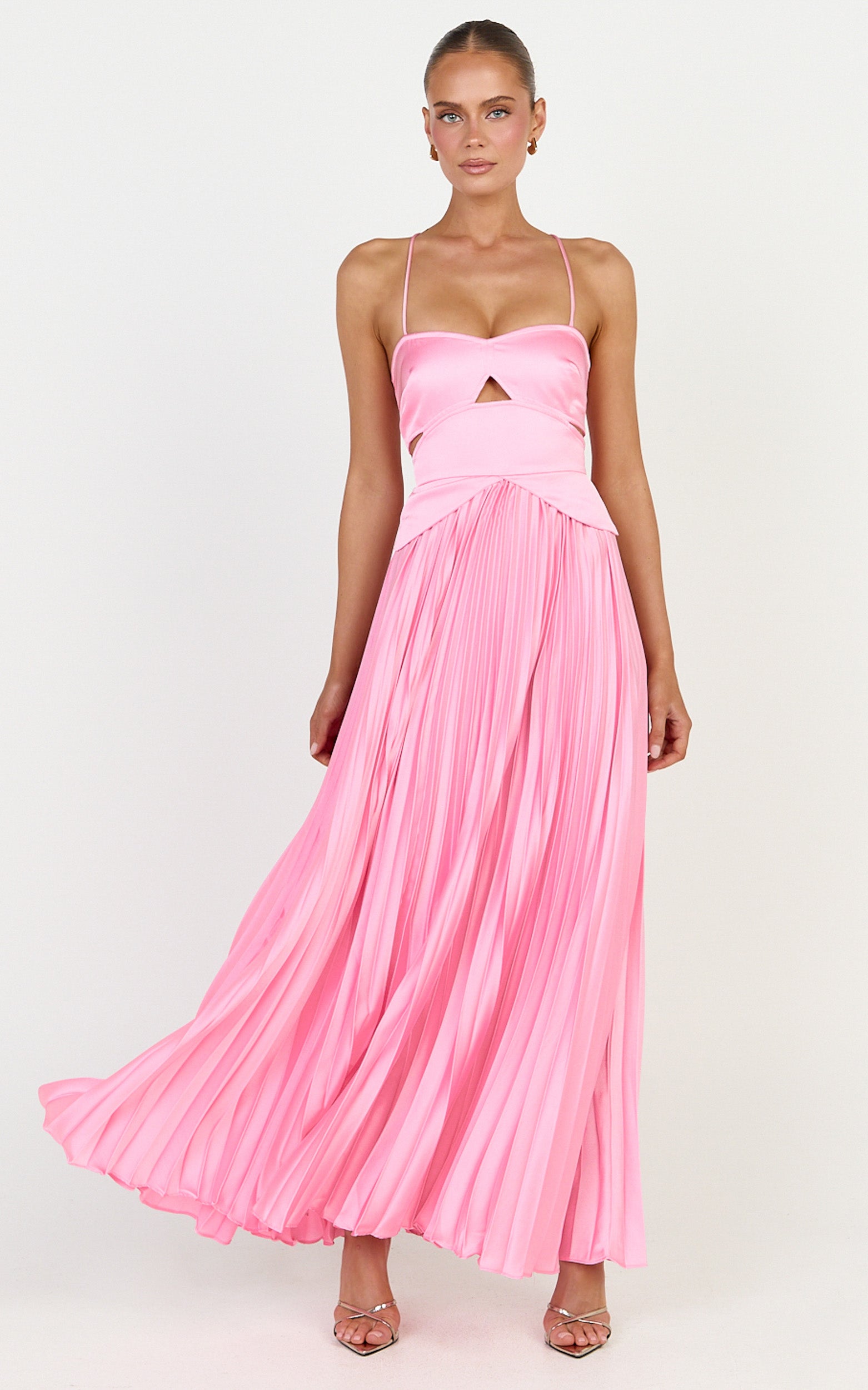 Shay Maxi Dress - Sweetheart Cut Out Pleated Dress in Pink