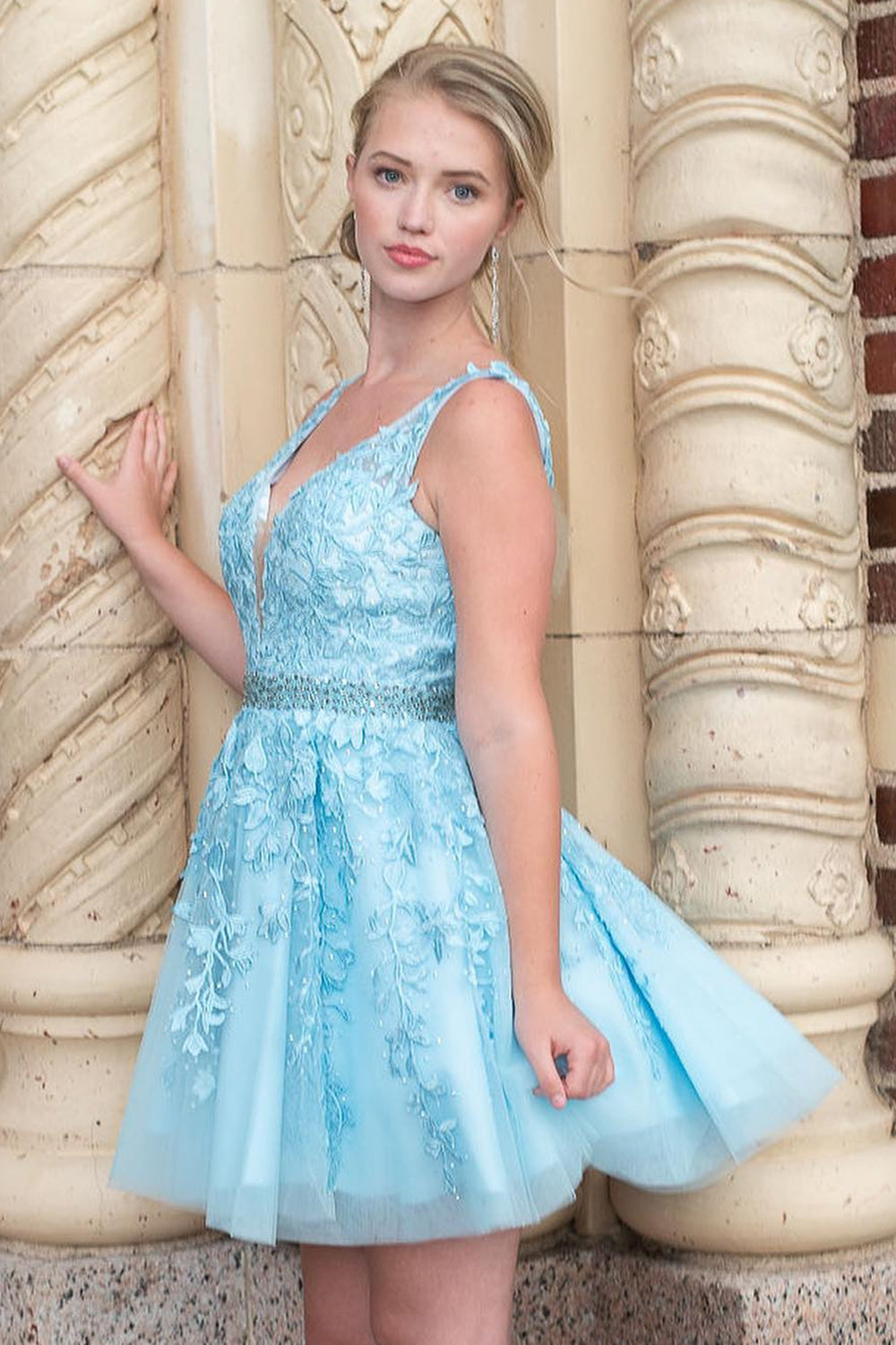 Cute A Line Deep V Neck Light Blue Short Homecoming Dress/Mini Dress with Appliques