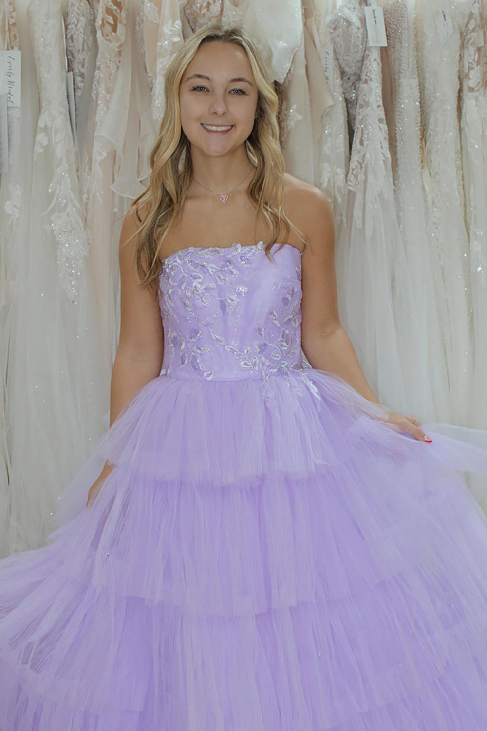 Lilac Strapless Prom Dress in Tiered Tulle with Princess Appliques