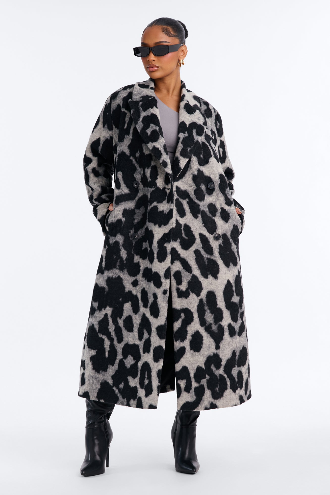 Take The Leap Leopard Double Breasted Coat - Grey/combo