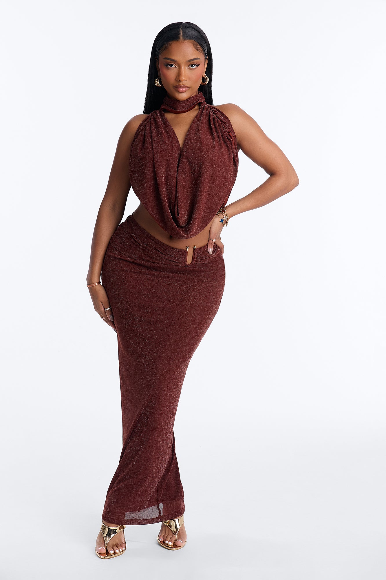 Arabella Cowl Neck Mesh Skirt Set - Rust