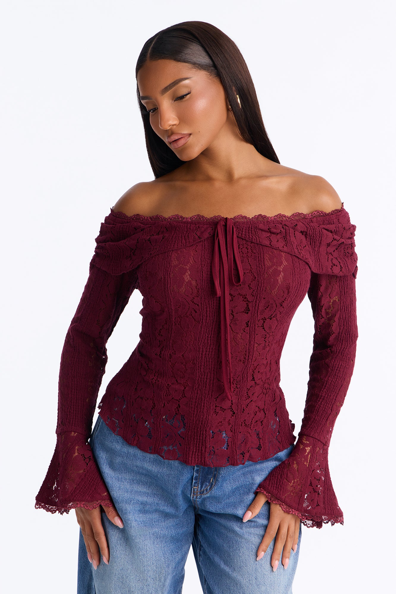 Adoring You Off Shoulder Lace Top - Wine