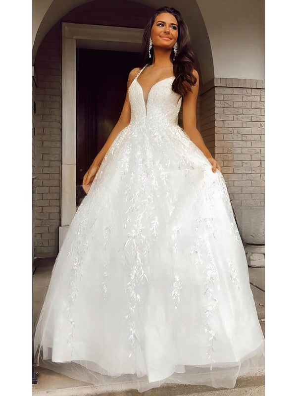 Beautiful Floor-Length Backless V-Neck A-Line Lace Wedding Dresses