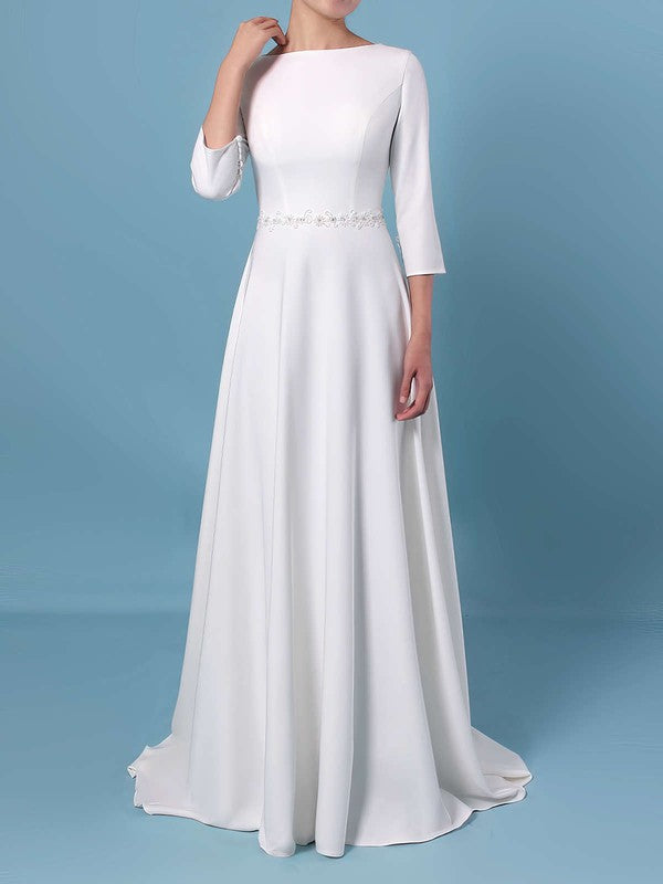 Elegant 3/4 Long Sleeves A-Line Satin Sweep Train Wedding Dresses with Sash