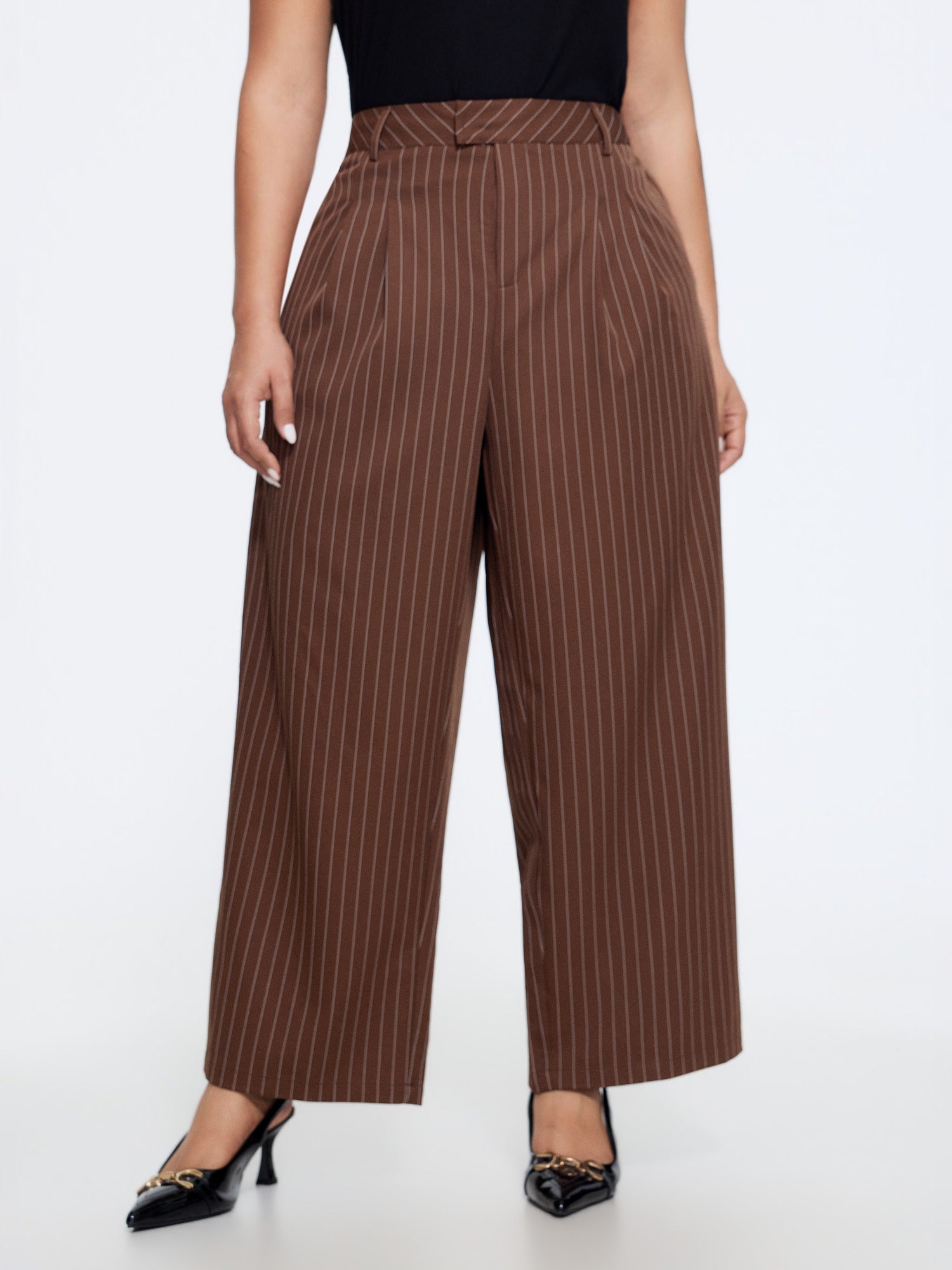 Stripe Print Front Pleat Straight Pants