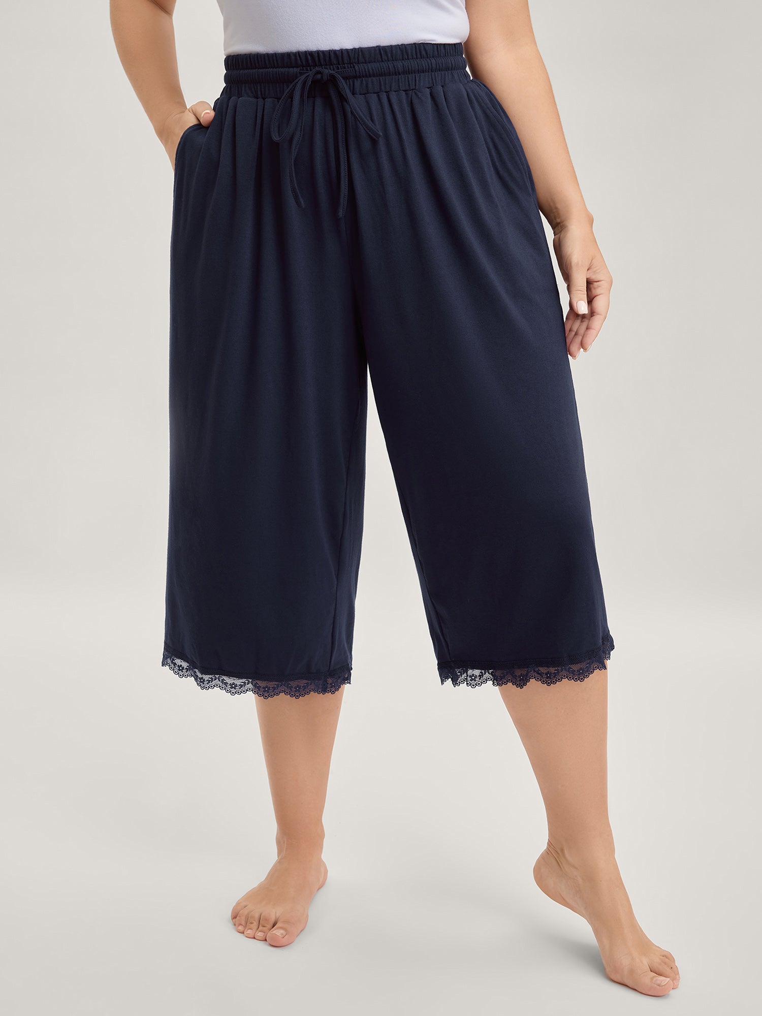 Stretchy Lace Trim Drawstring Lounge Pants