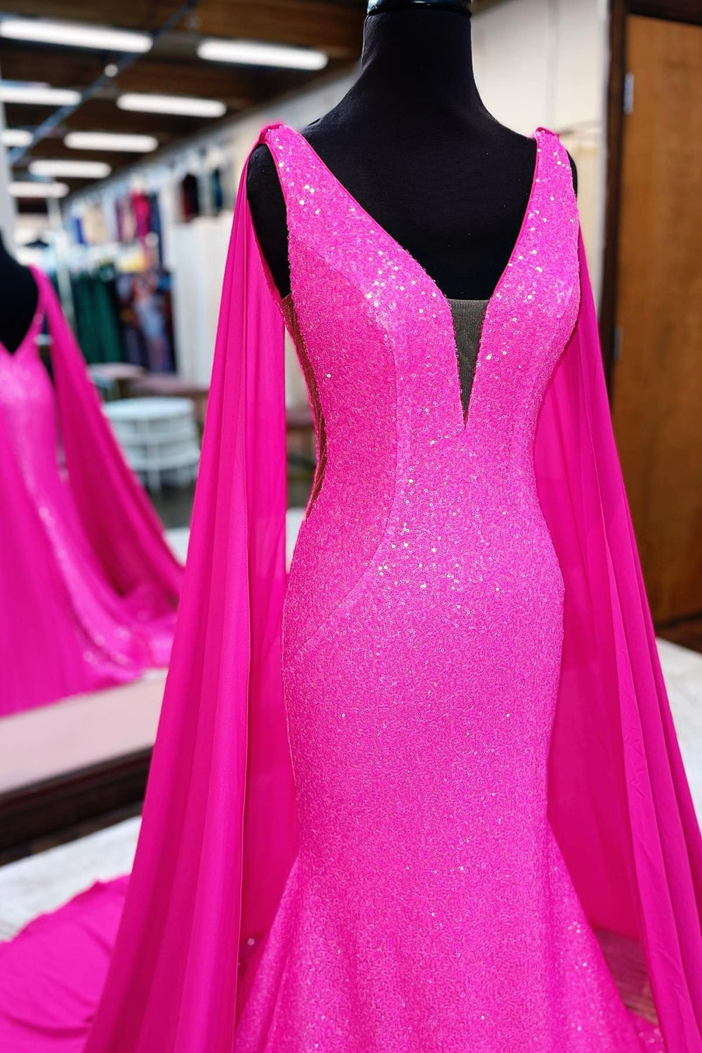 Mermaid Prom Dress in Hot Pink Featuring a Wateau Train