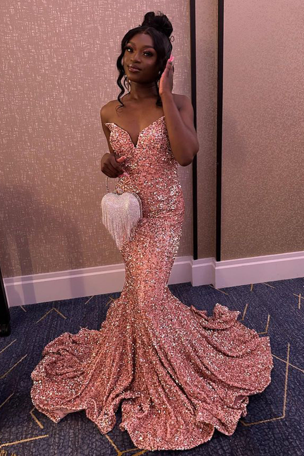 Long Pink Sequined Prom Dress with Sweetheart Mermaid Silhouette