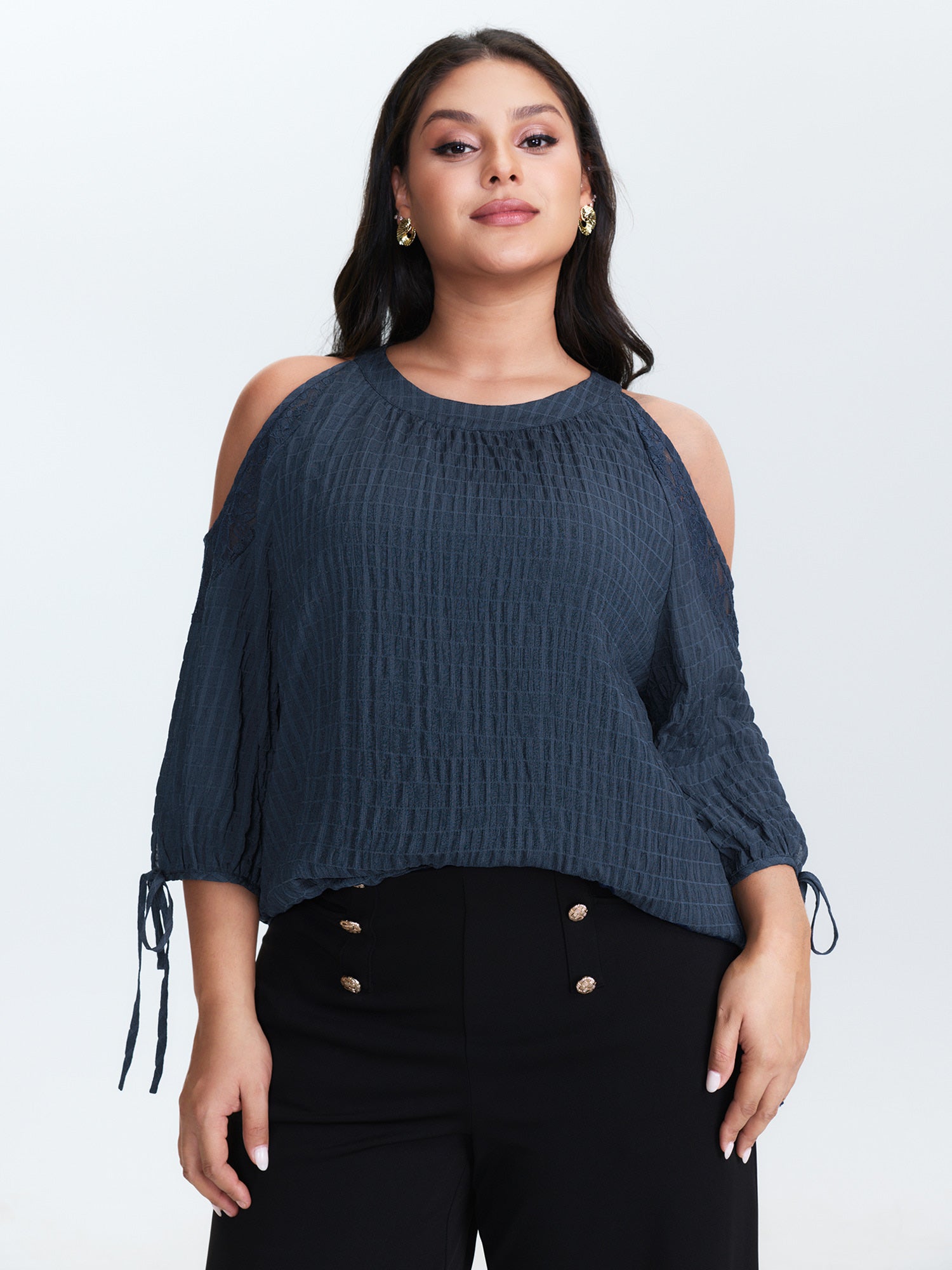 Shoulder Cut-Out Textured Back-Tie Blouse