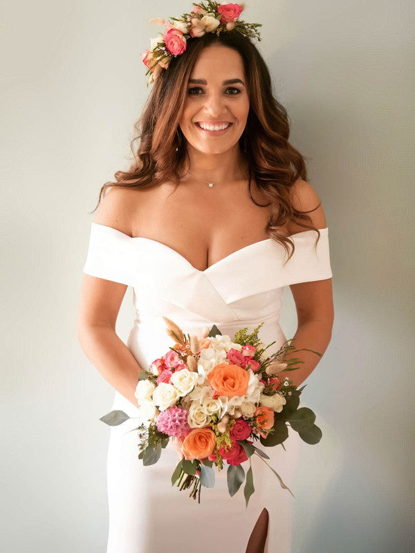 Charming Sheath Off-The-Shoulder V-Neck Stretch Satin Wedding Dresses with Split