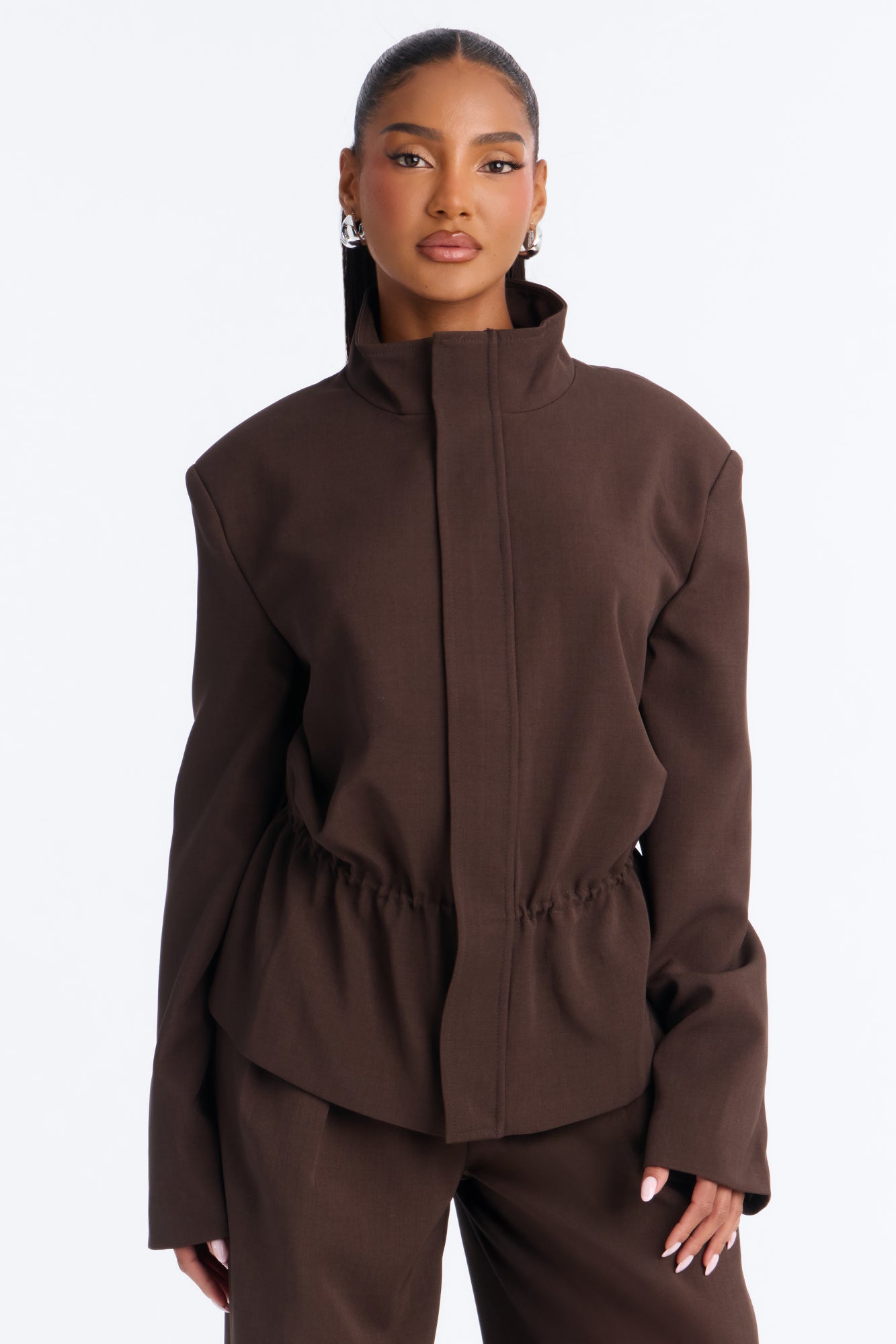 Holly Twill Mock Neck Anorak Jacket - Brown
