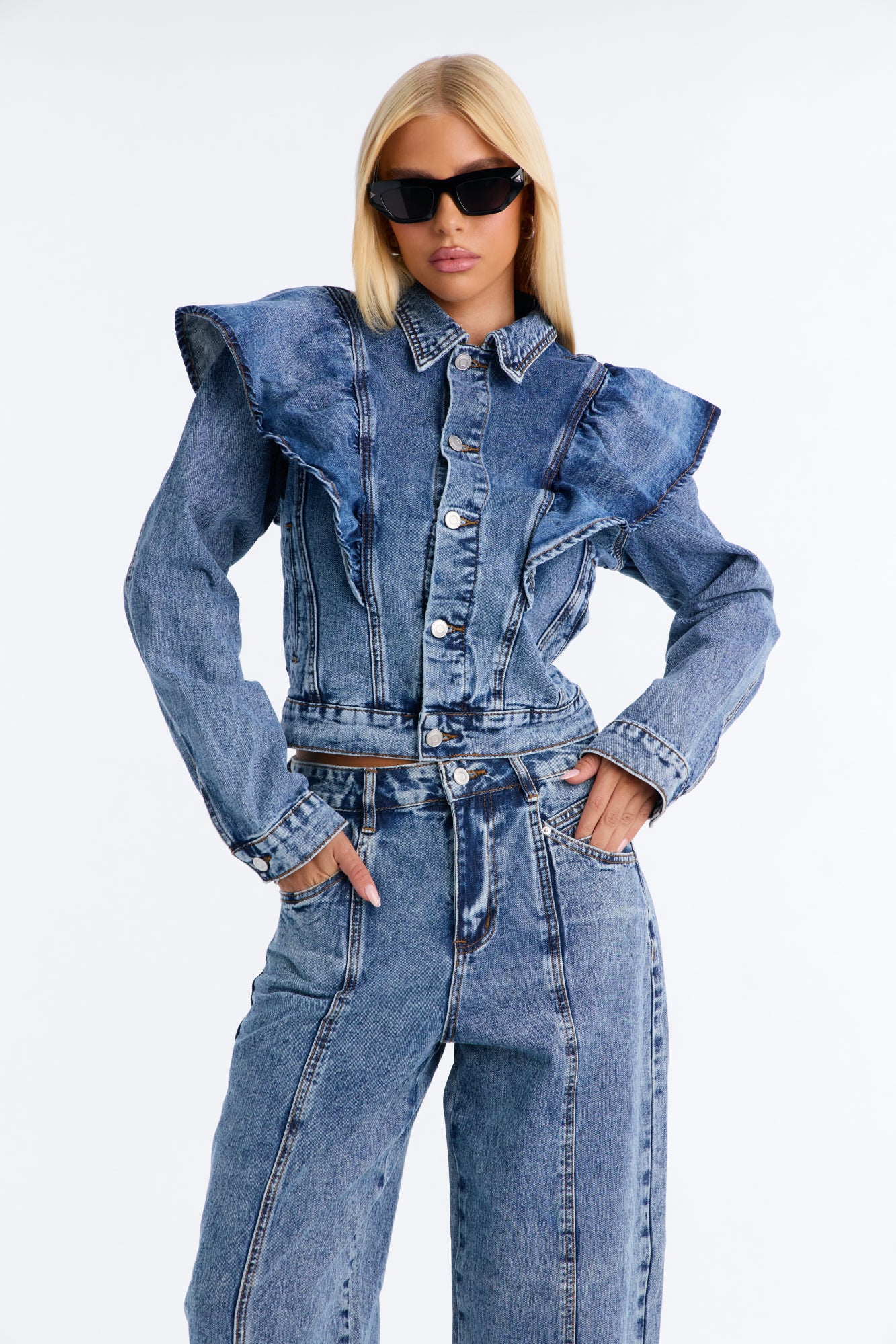 Amandine Ruffle Denim Jacket - Dark Wash