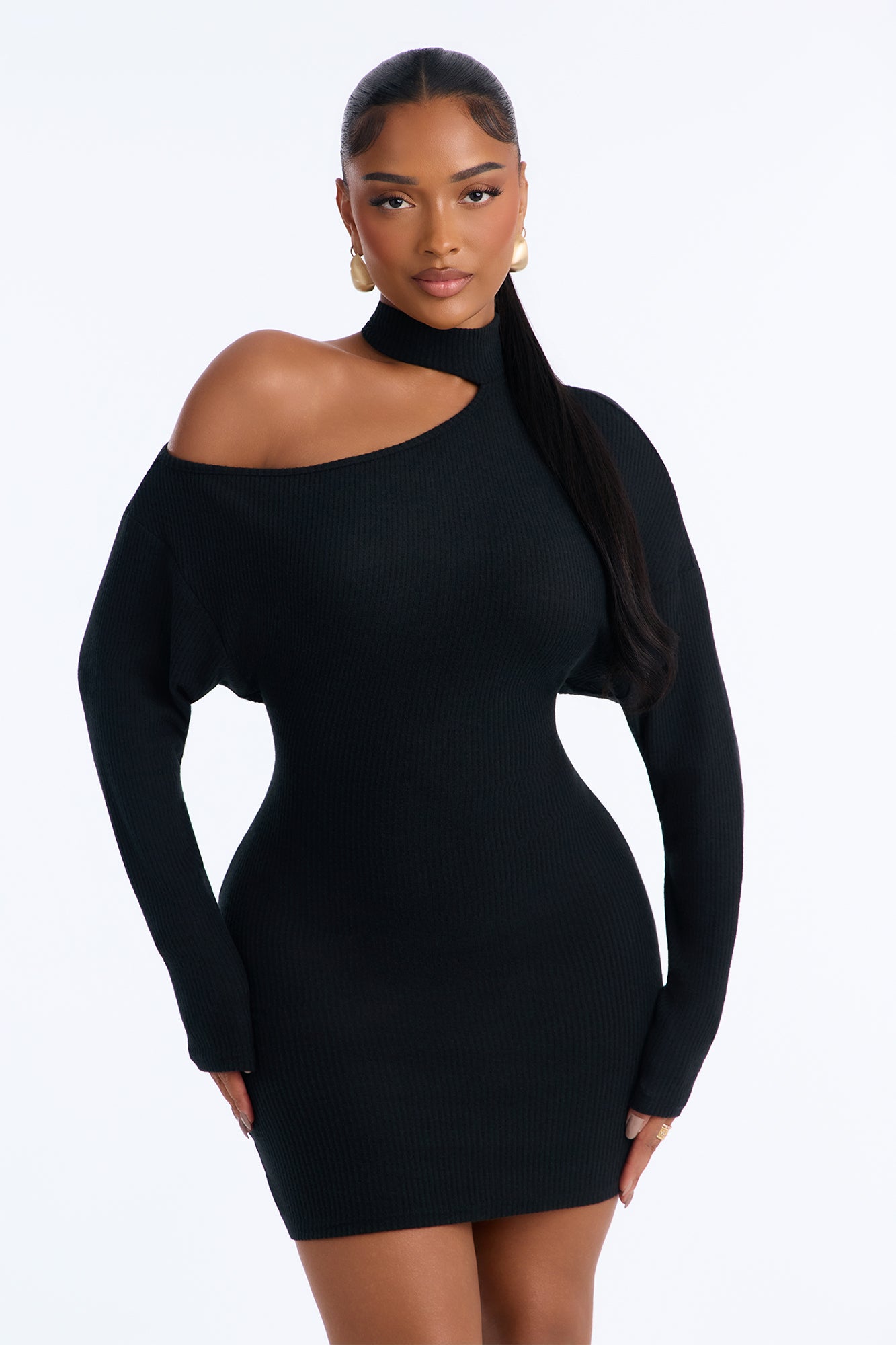 Hallie One Shoulder Sweater Mini Dress - Black