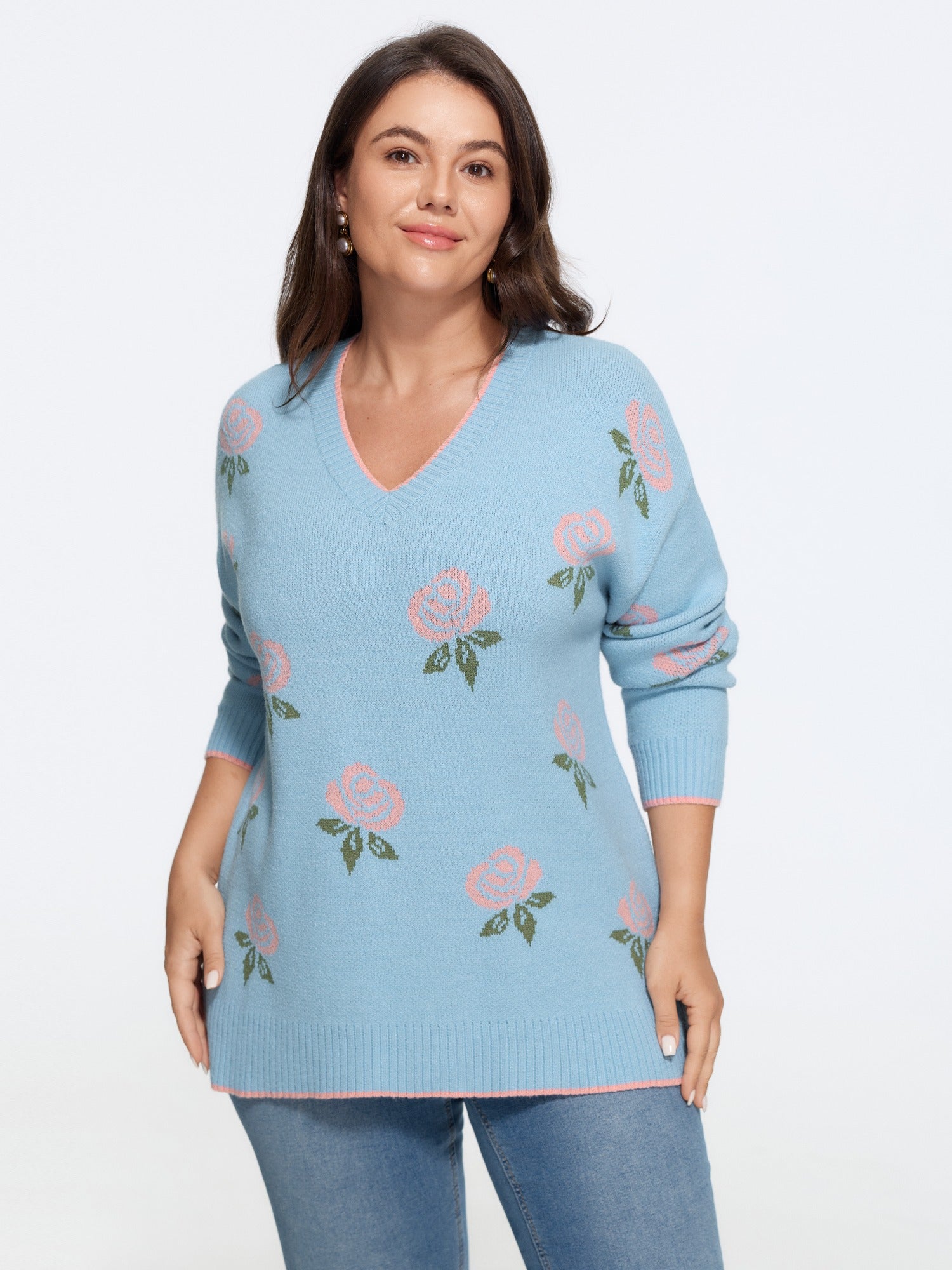 Supersoft Floral Rose Jacquard V Neck Pullover