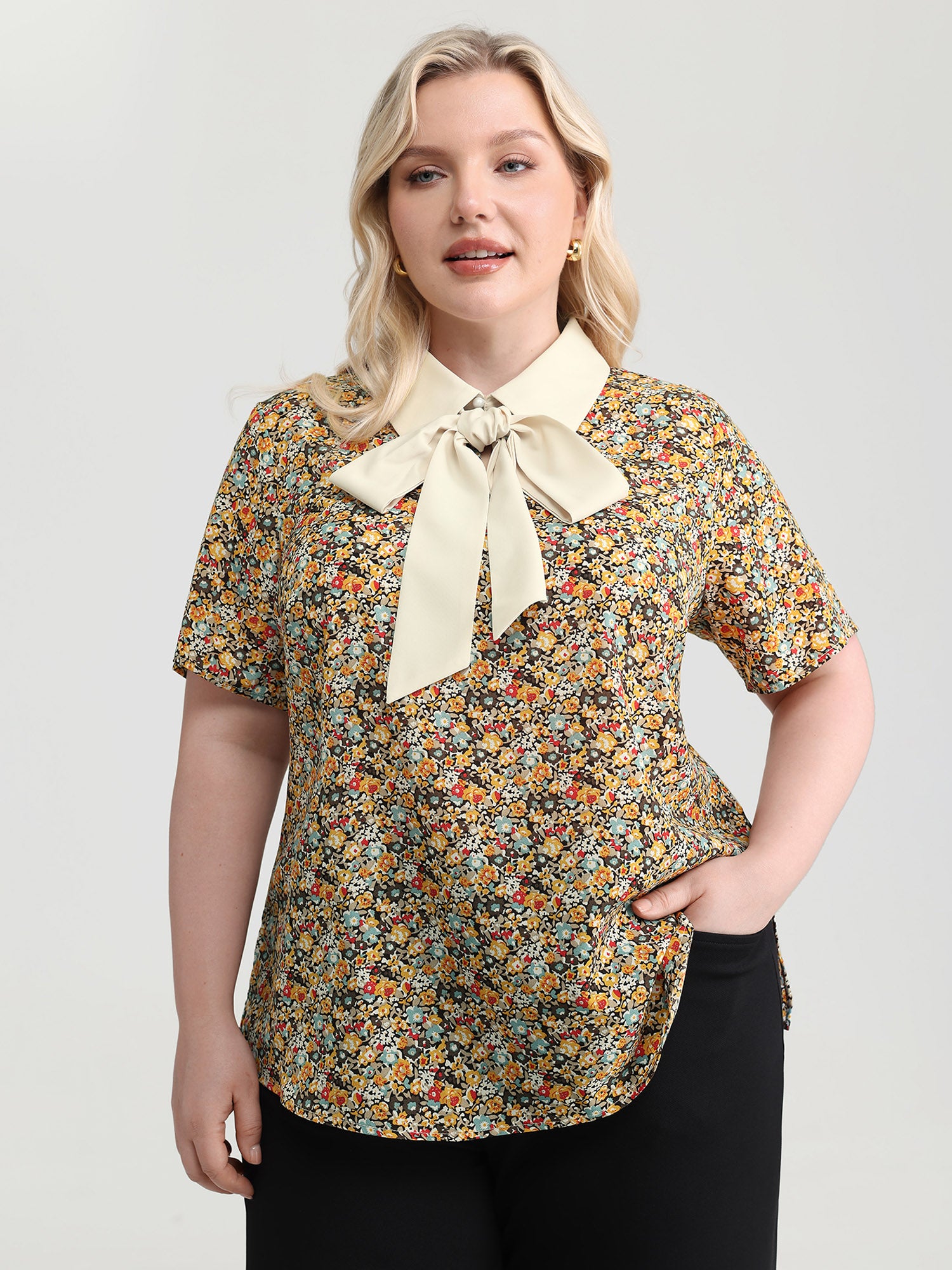Nostalgic Floral Print Ribbon Tie Neckline Blouse