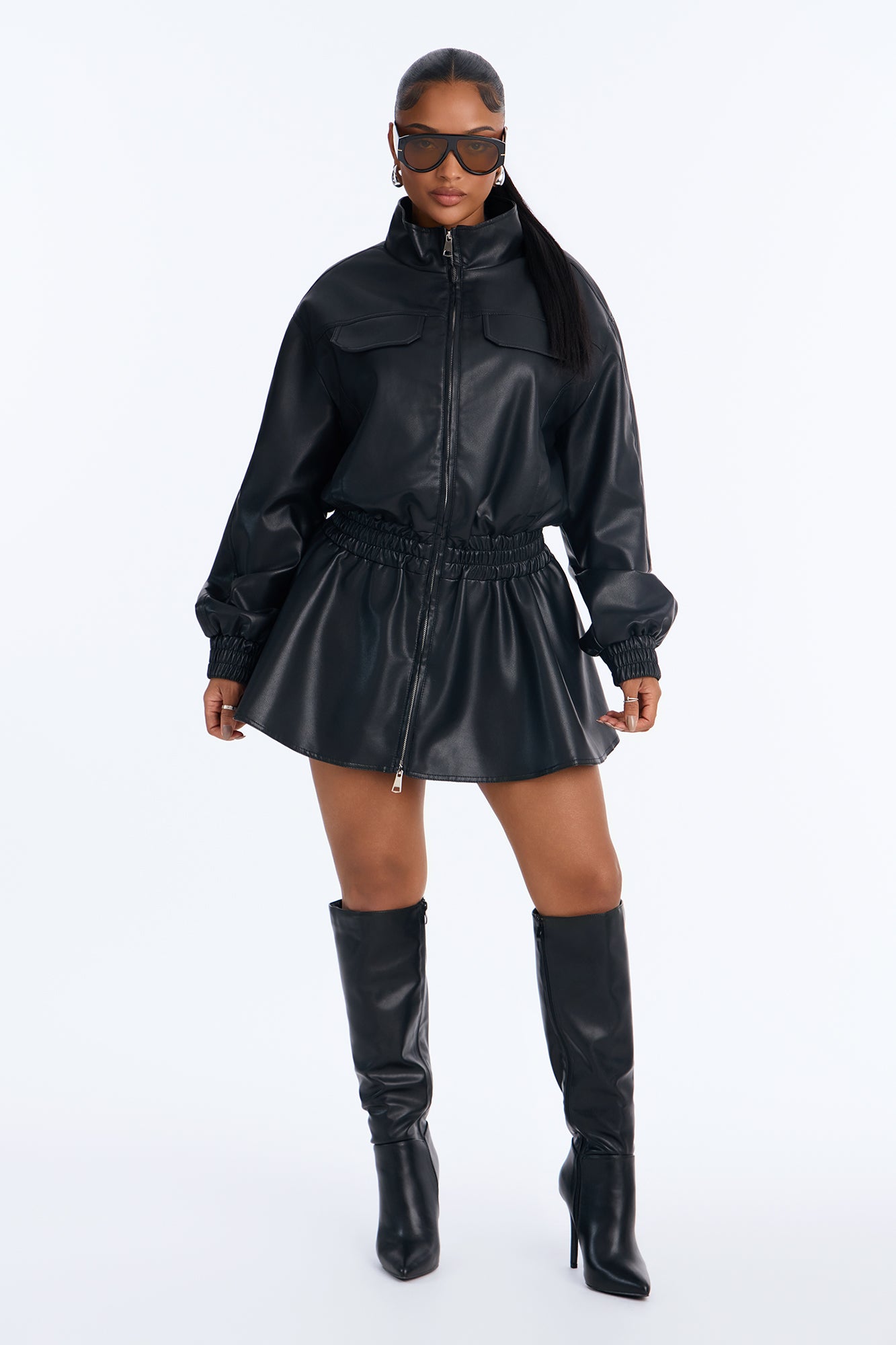 Wynter Ruffle Faux Leather Mini Dress - Black