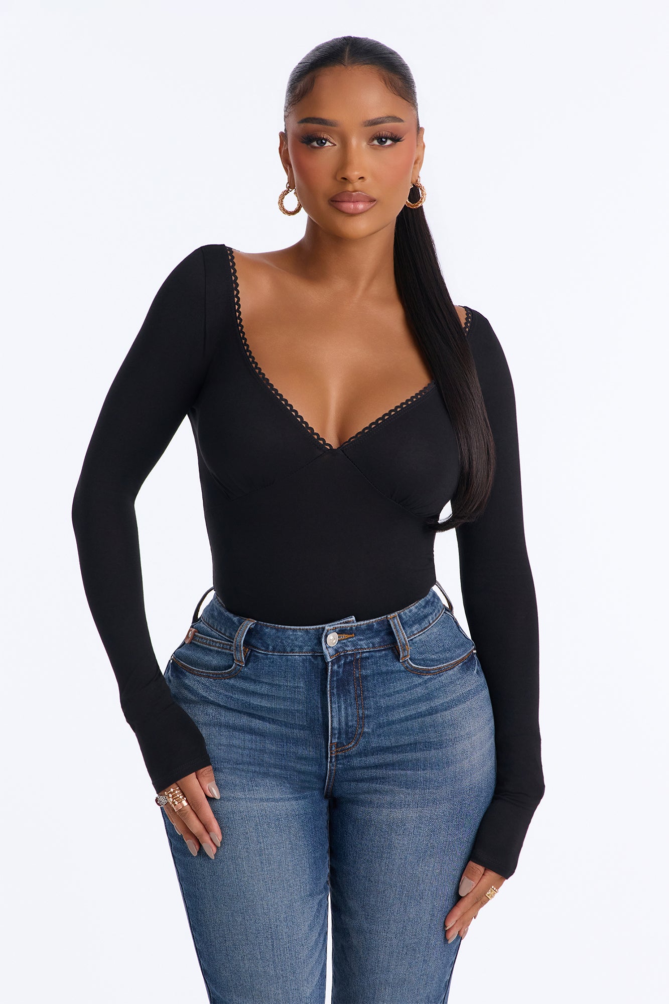 Hailey Eyelet Trim Long Sleeve Bodysuit - Black
