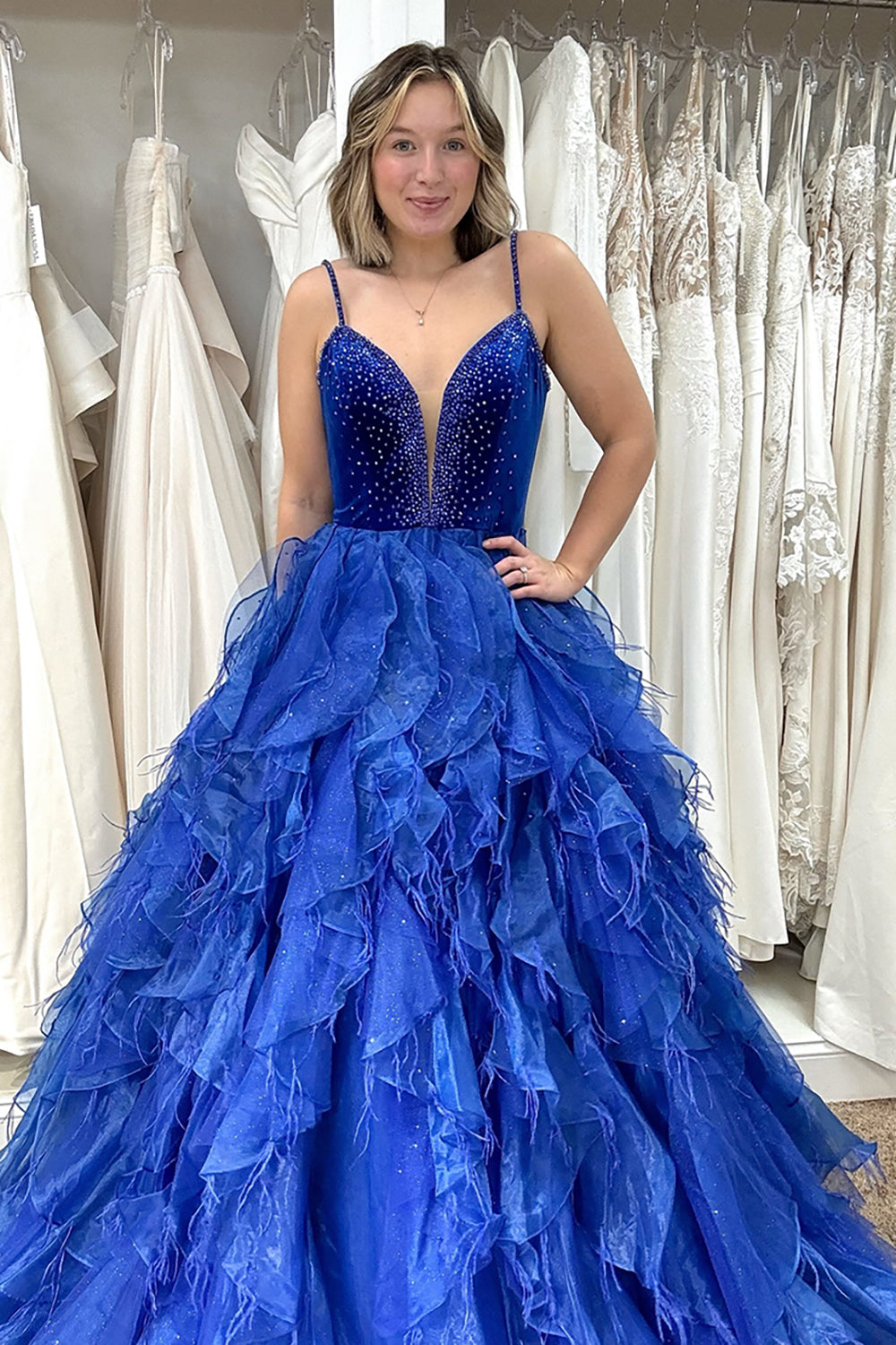 Princess Long Prom Dress in Royal Blue with Beading and Tiered Tulle Spaghetti Straps