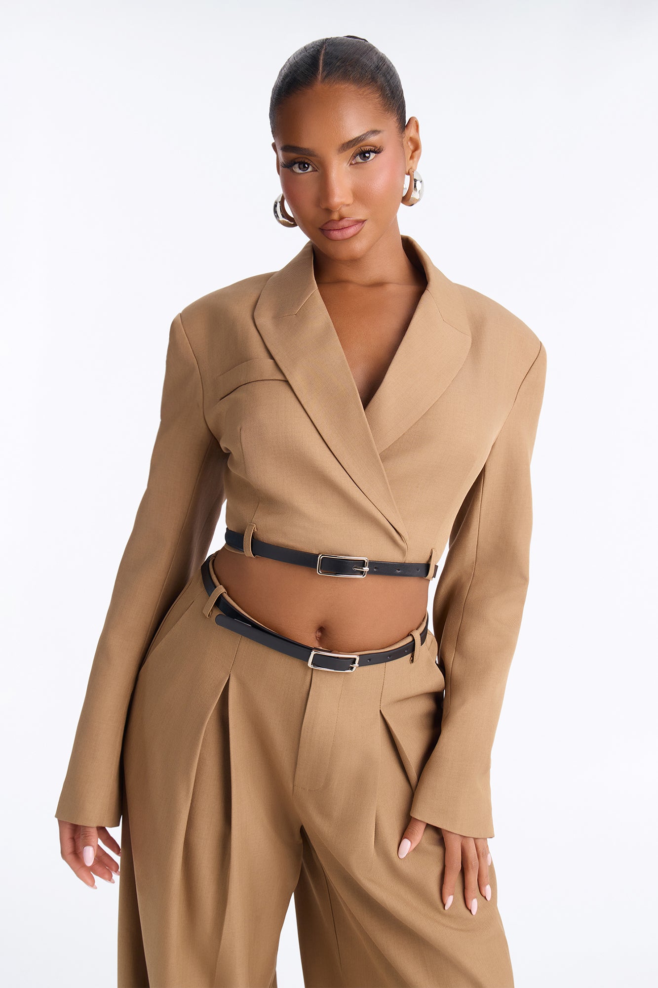 Isla Cropped Double Breasted Belted Blazer - Khaki