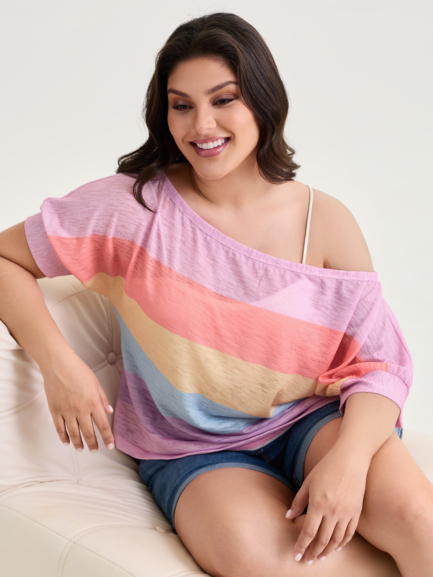 Sheer Colorblock One-Shoulder T-Shirt