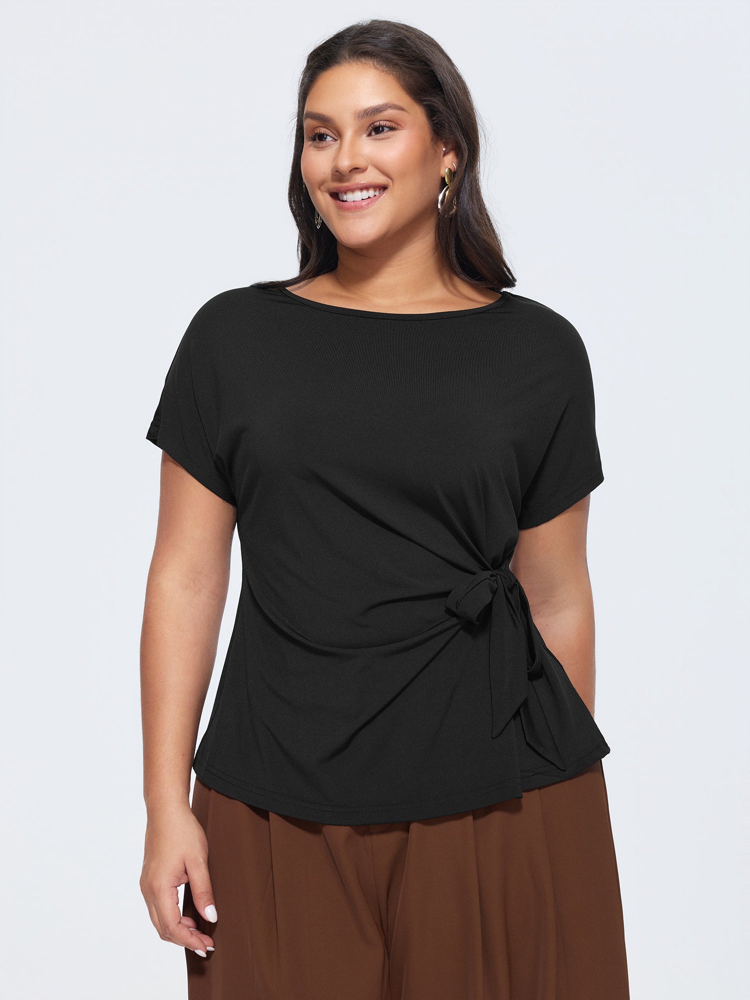 Stretchy Ruched Boat Neckline T-Shirt