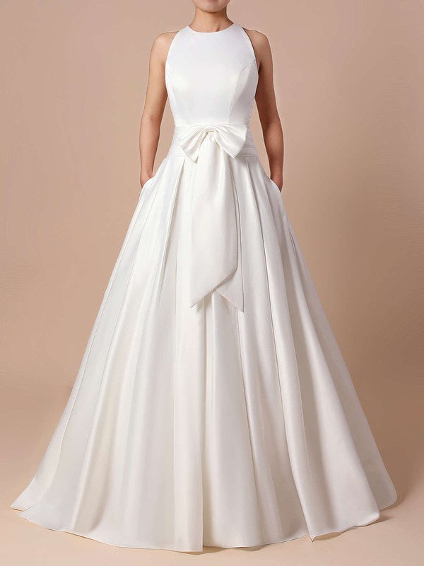 Luxurious Jewel Neck Satin Ball Gown Wedding Dresses with Pockets