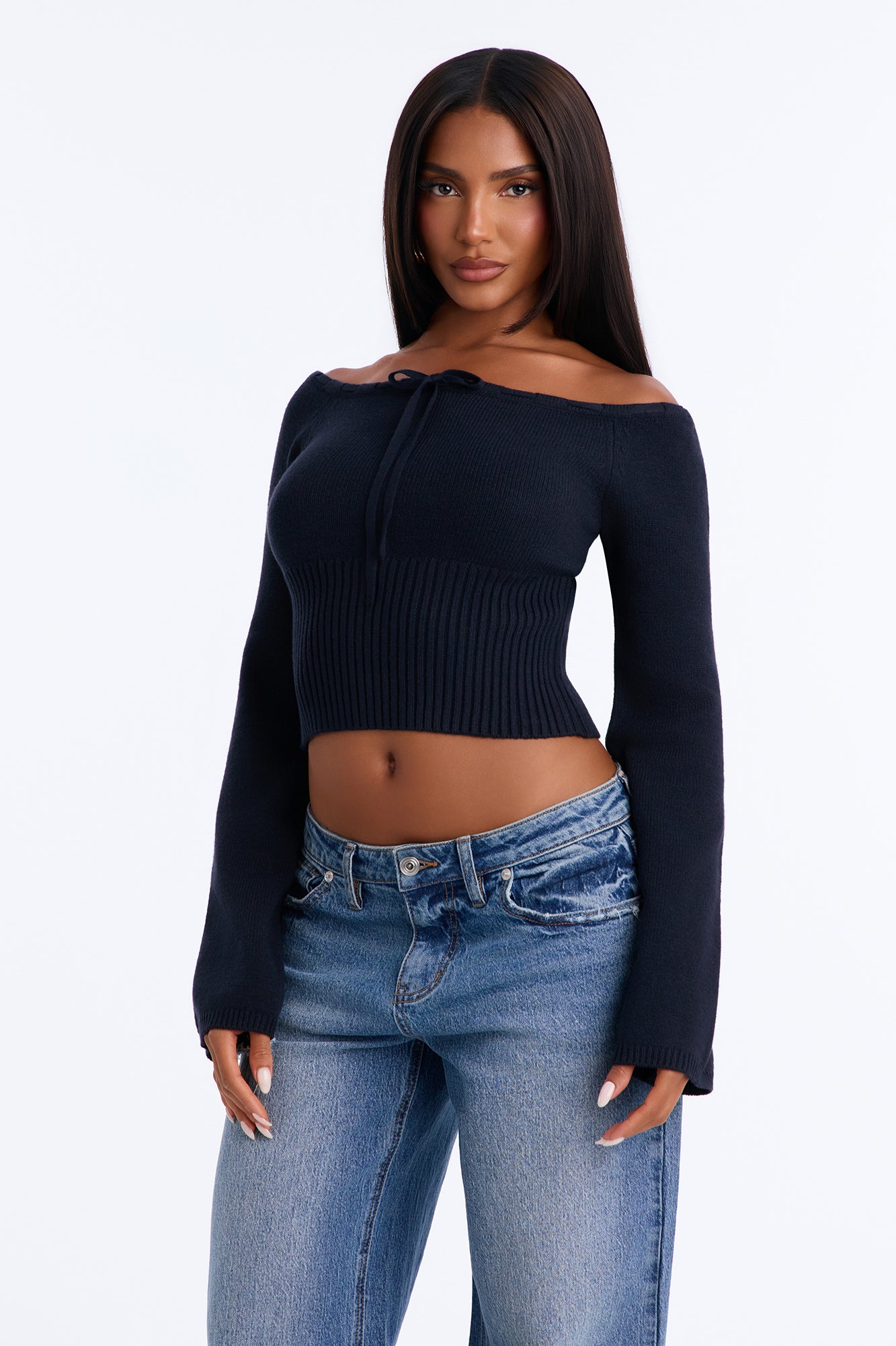 Karina Off Shoulder Cropped Sweater - Black